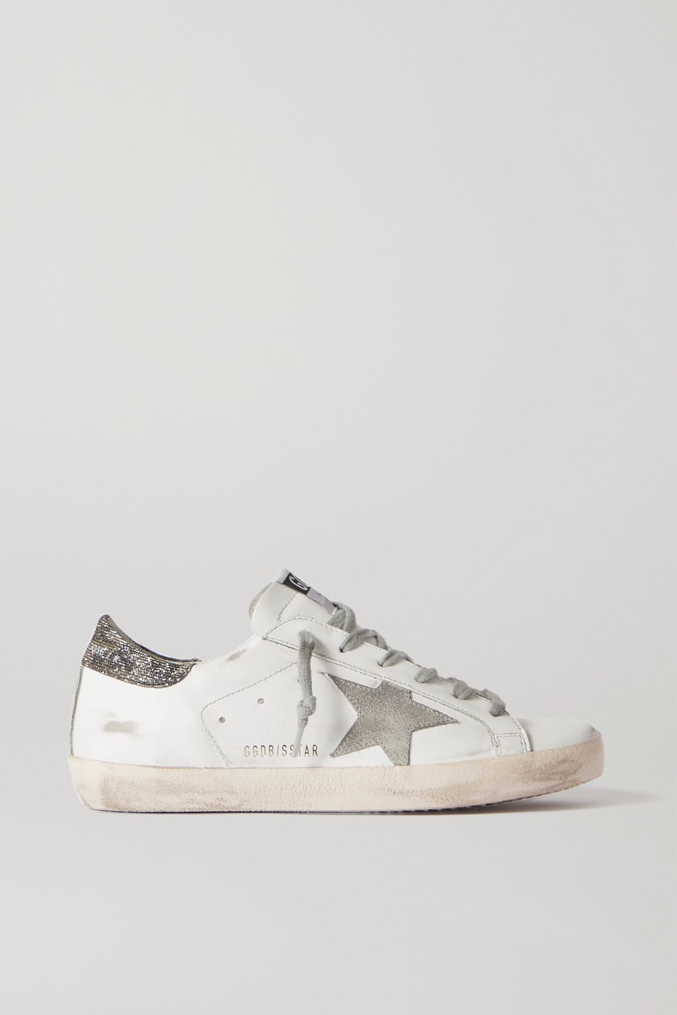 Superstar glittered distressed leather and suede sneakers - 1