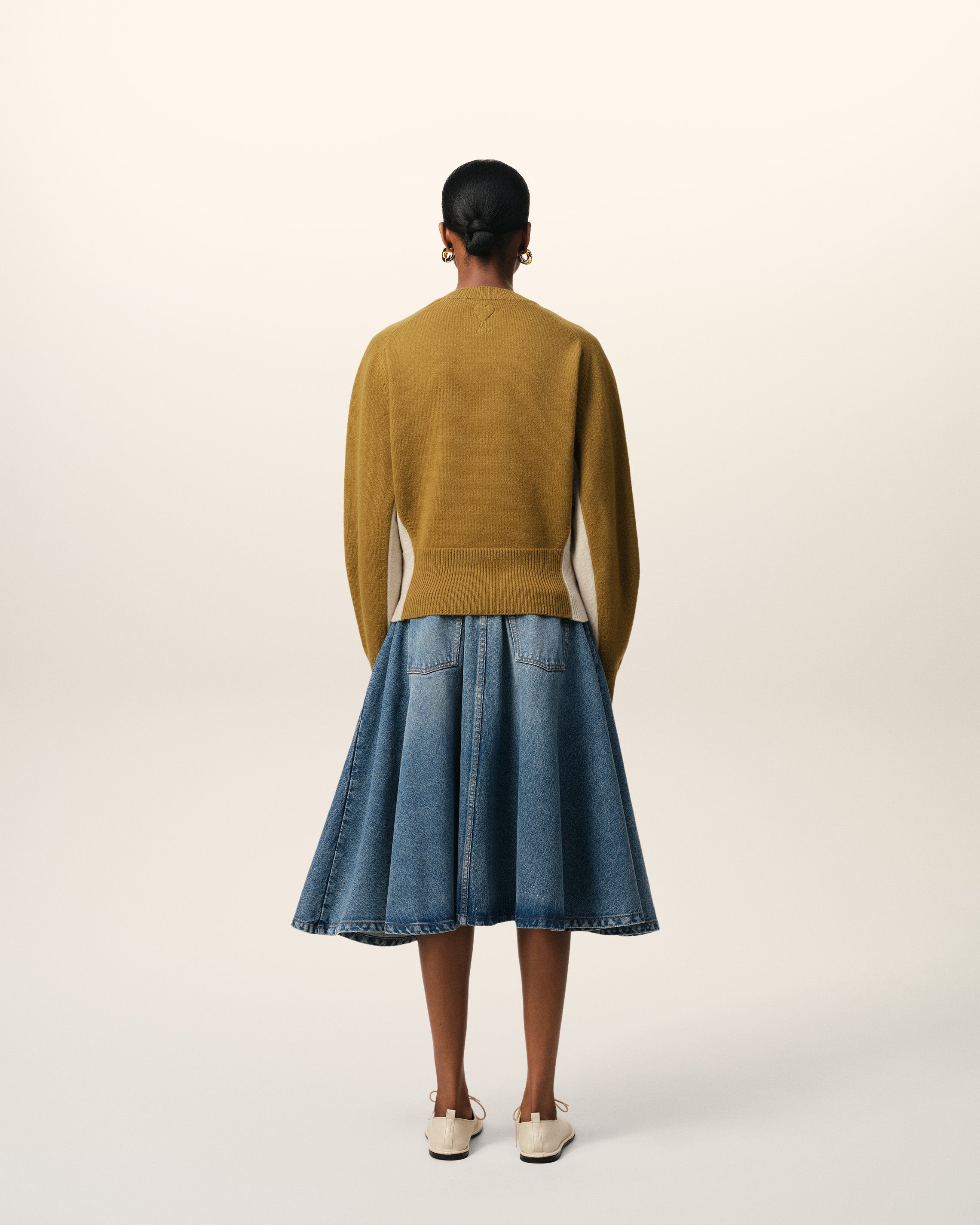 KHAKI WOOL KNIT BICOLOR V NECK SWEATER - 5