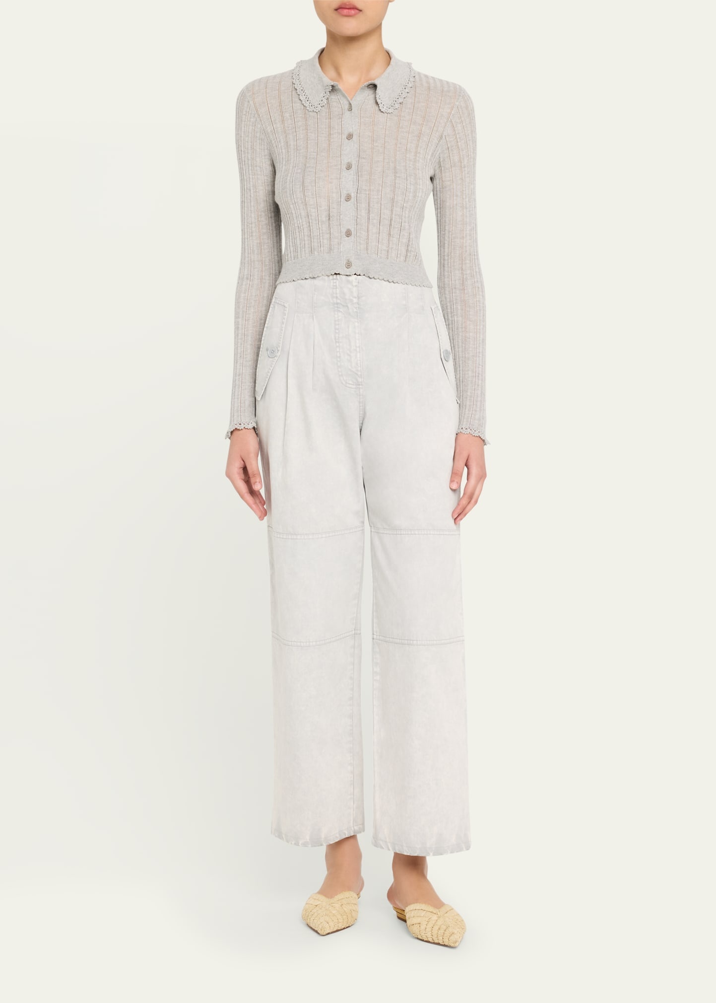 Lottie Collared Cropped Pointelle Knit Cardigan - 2