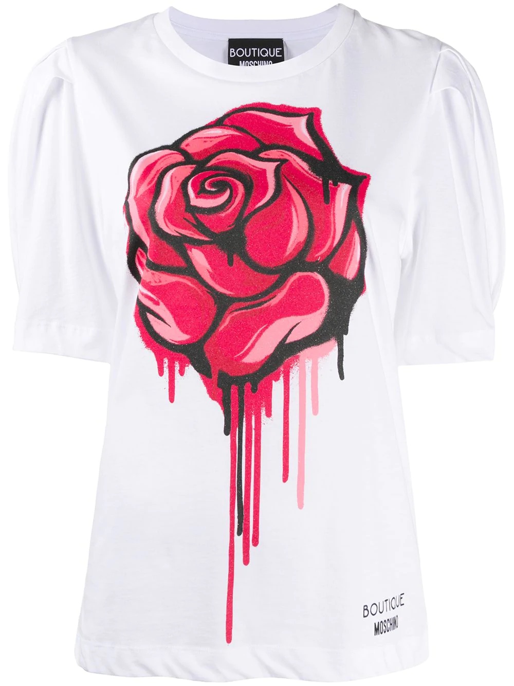 rose print puff sleeve T-shirt - 1