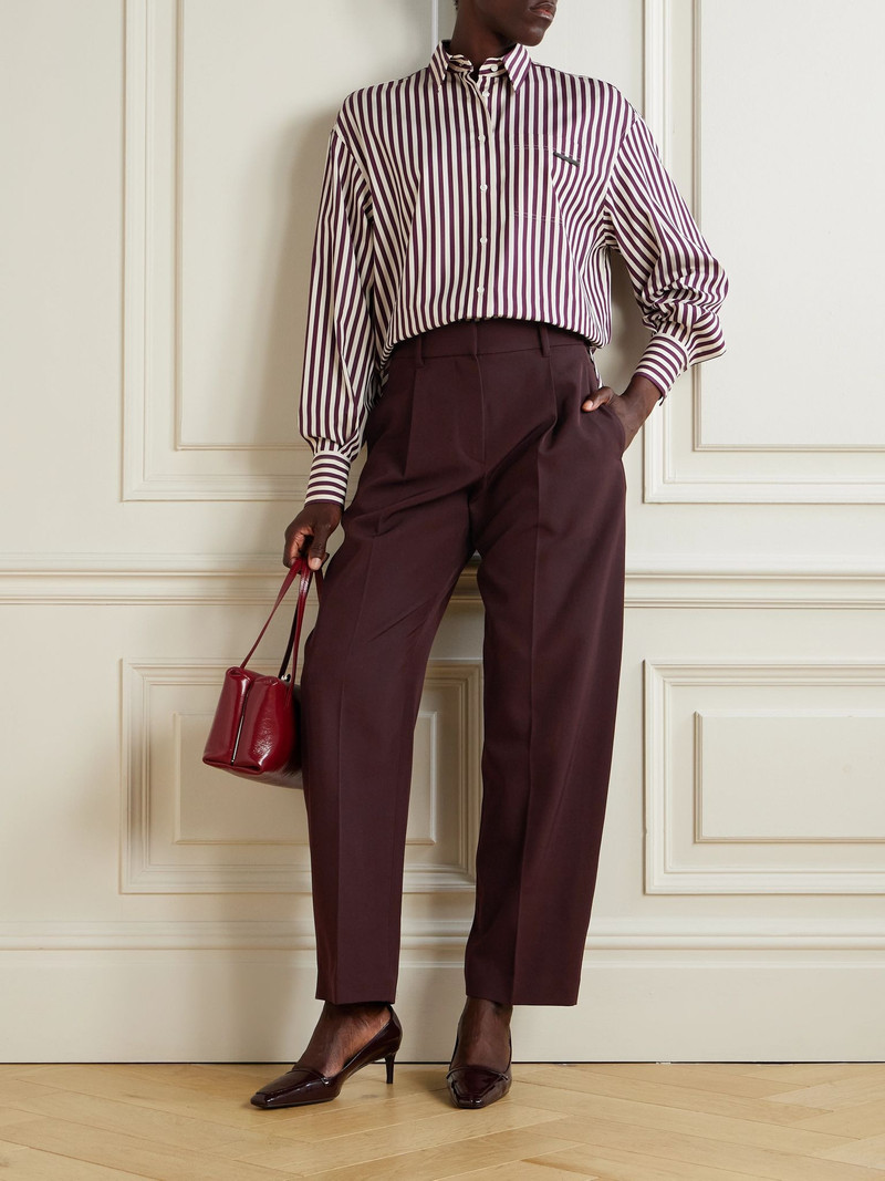 Brunello Cucinelli Pleated wool and cotton-blend twill tapered pants Burgundy outlook