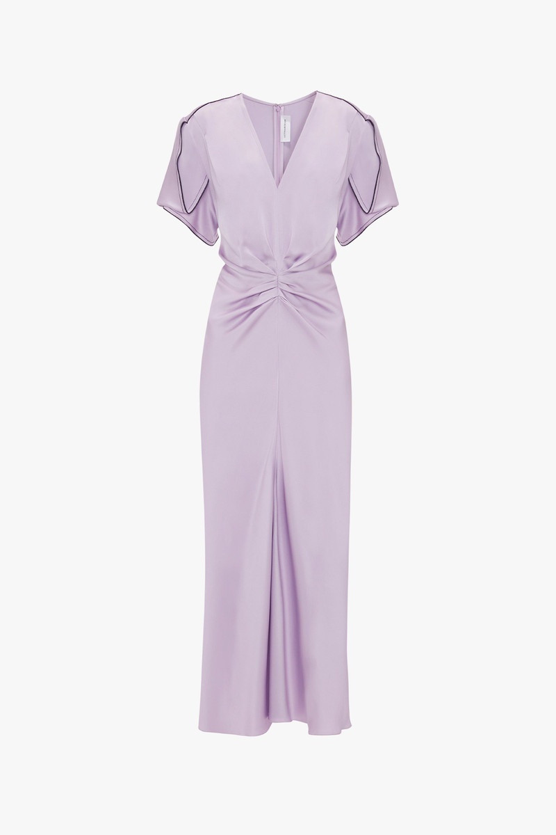 Gathered V-Neck Midi Dress In Petunia - 1