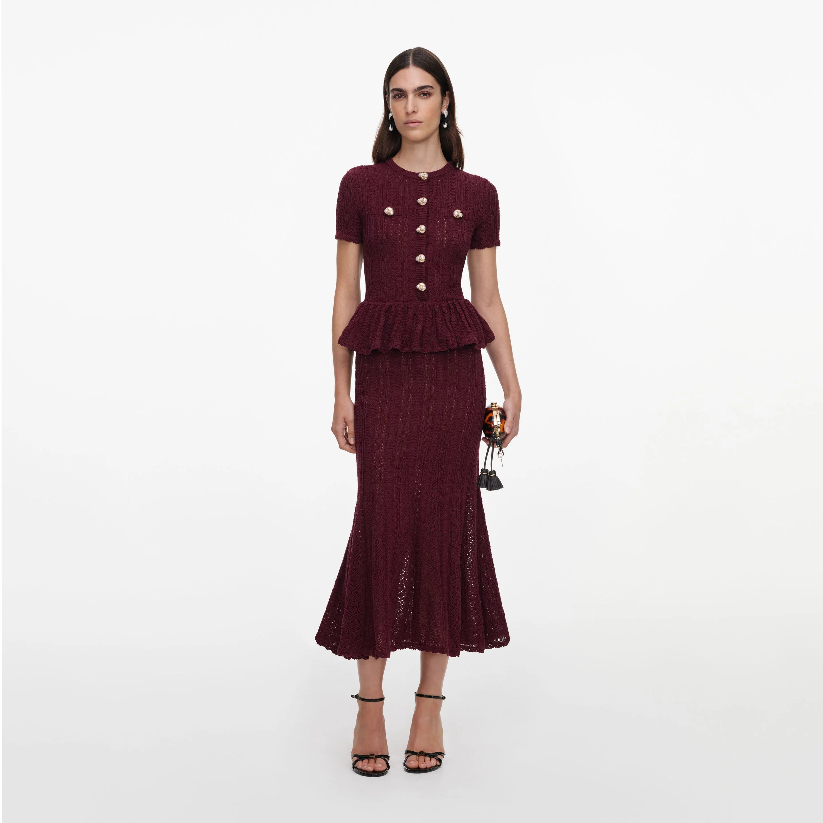 Burgundy Pointelle Peplum Knit Midi Dress - 1