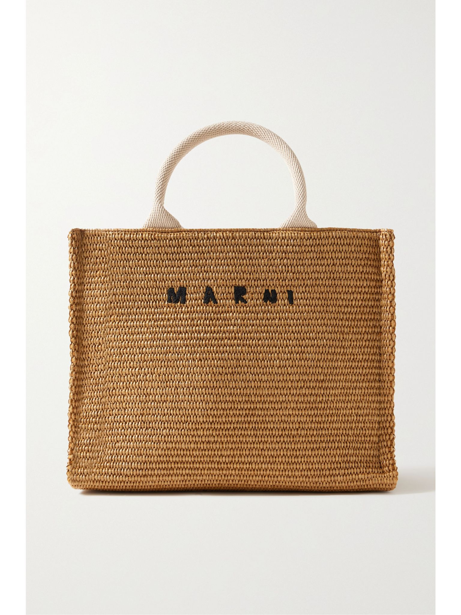 Basket small canvas-trimmed embroidered faux raffia tote Neutral - 1