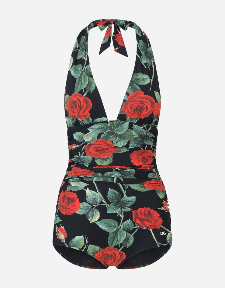 Rose-print one-piece swimsuit with plunging neckline - 1