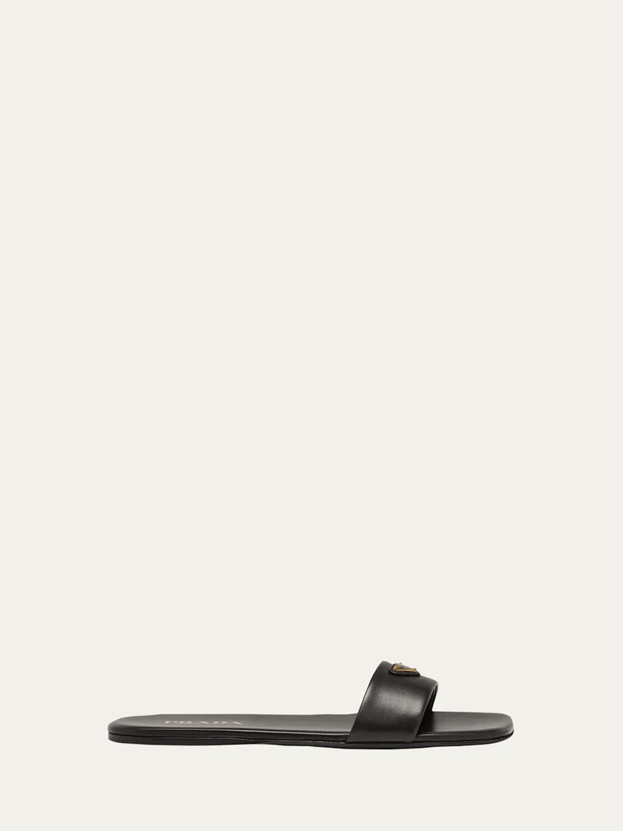 Leather Logo Flat Slide Sandals - 1