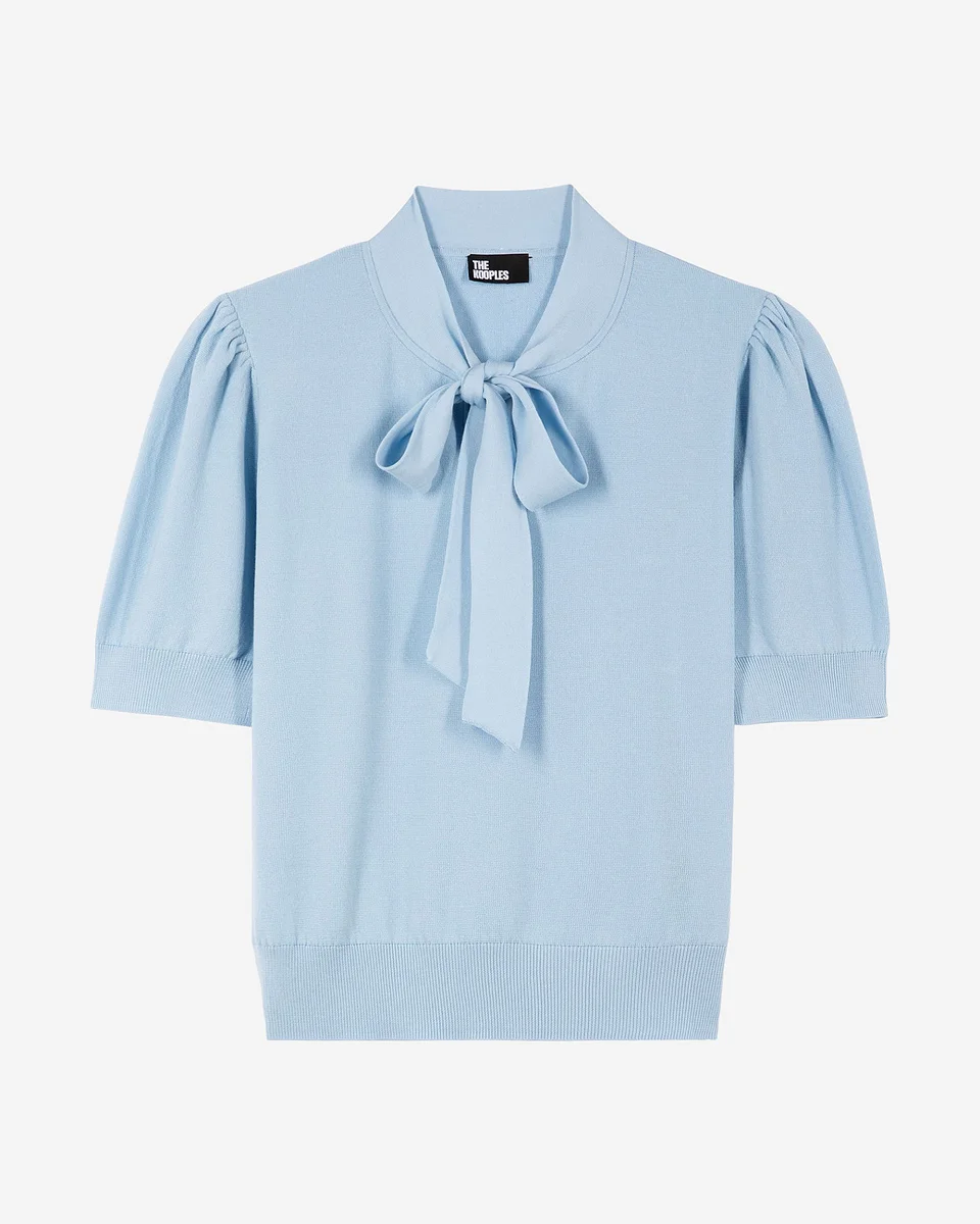 BLUE COTTON BLEND LAVALLIÈRE NECK SWEATER - 1