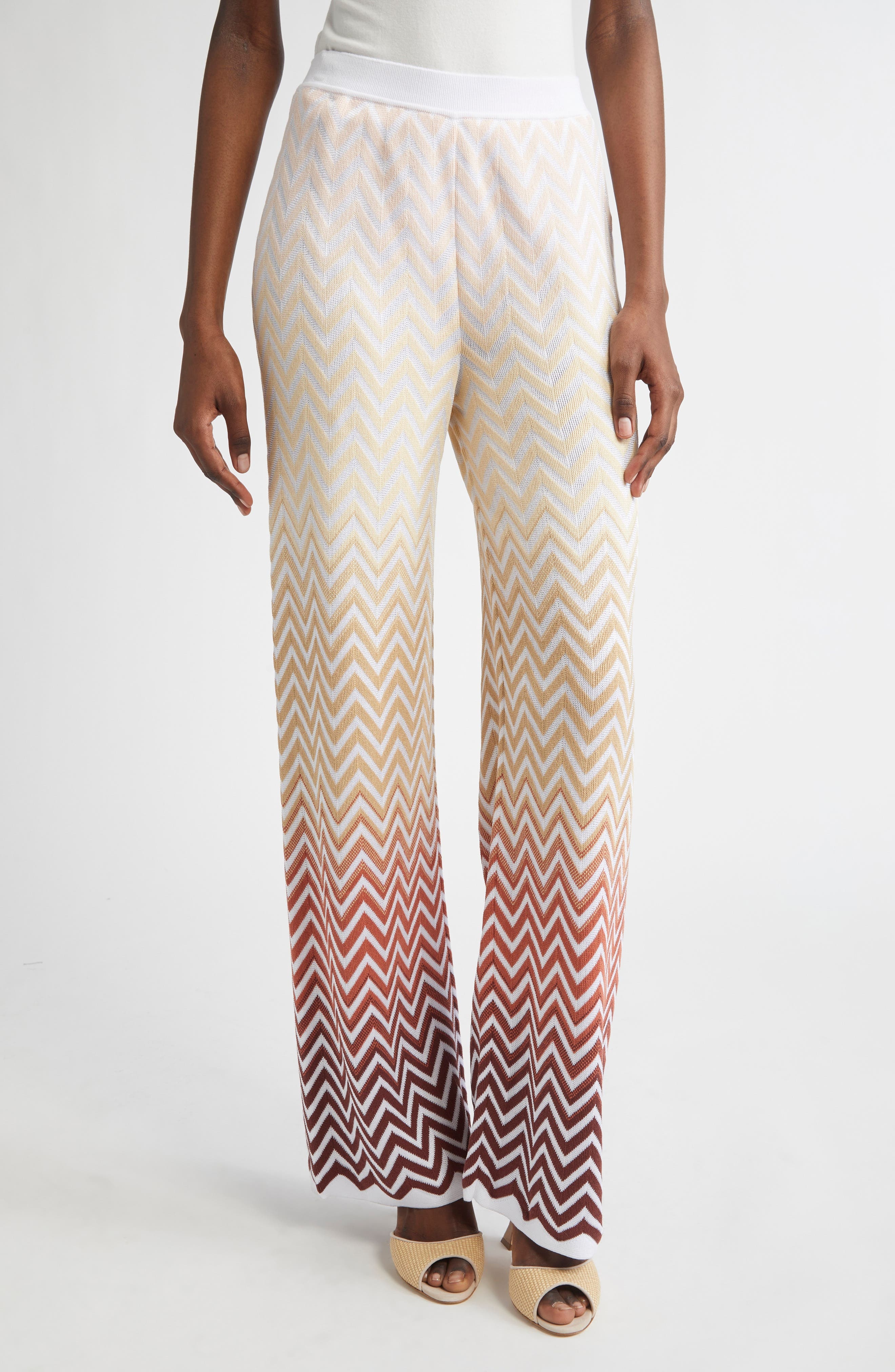 Missoni Gradient Zigzag Jacquard Knit Wide Leg Pants in White/Beige/Pink/Brown at Nordstrom - 1