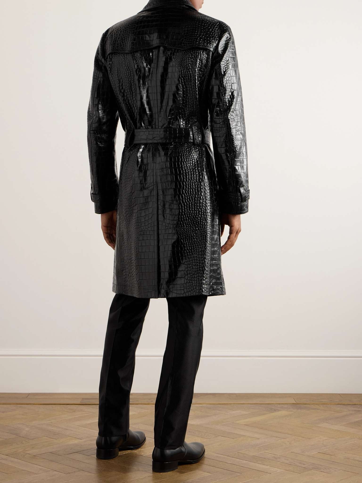 Double-Breasted Croc-Effect Leather Trench Coat - 4