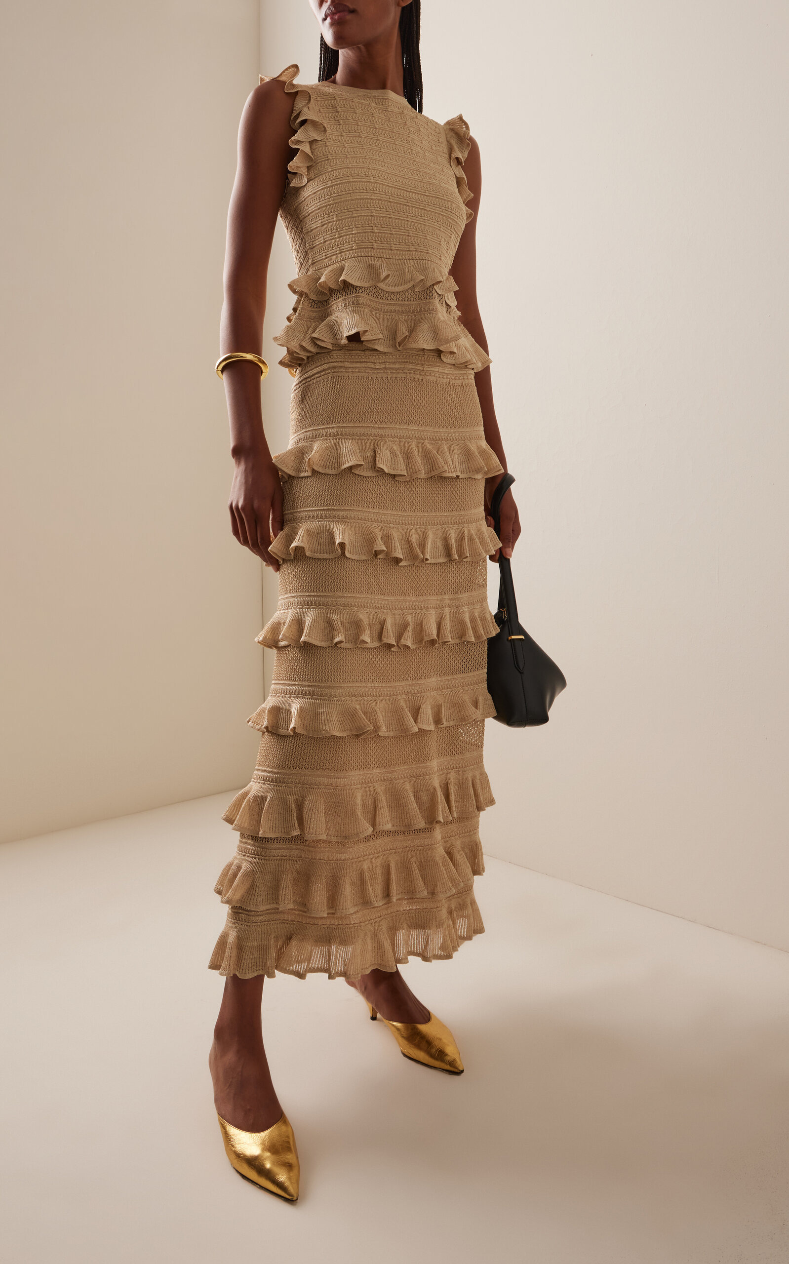 Hypnotic Ruffled Metallic Lace Midi Skirt gold - 2
