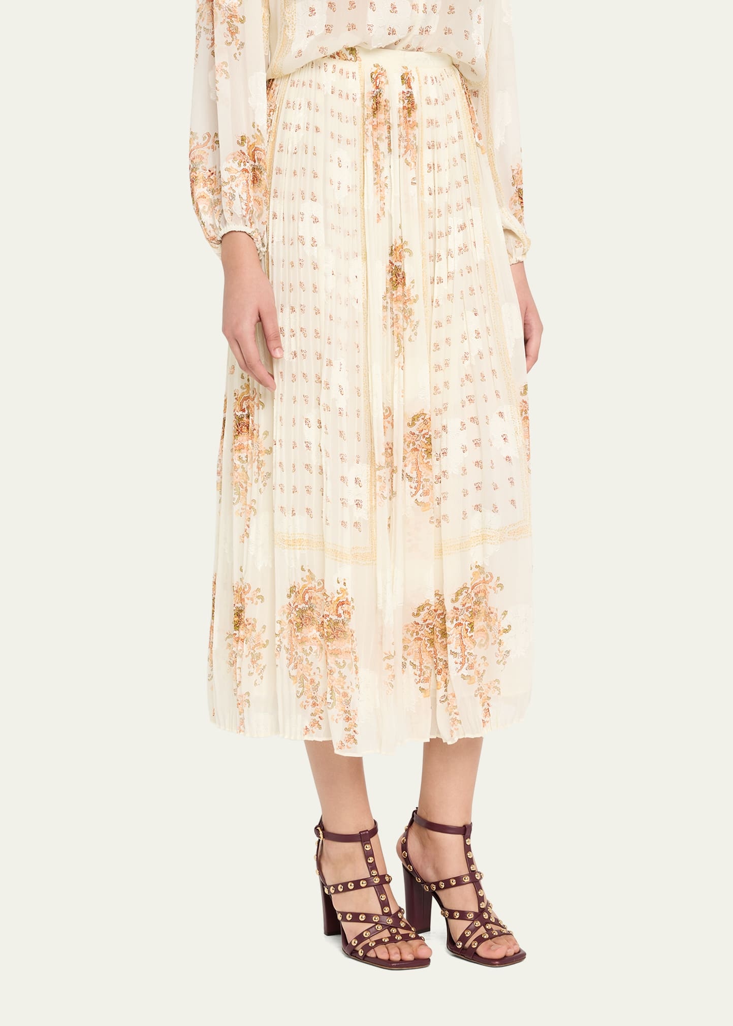 Brion Pleated Floral Silk Lace Midi Skirt - 4
