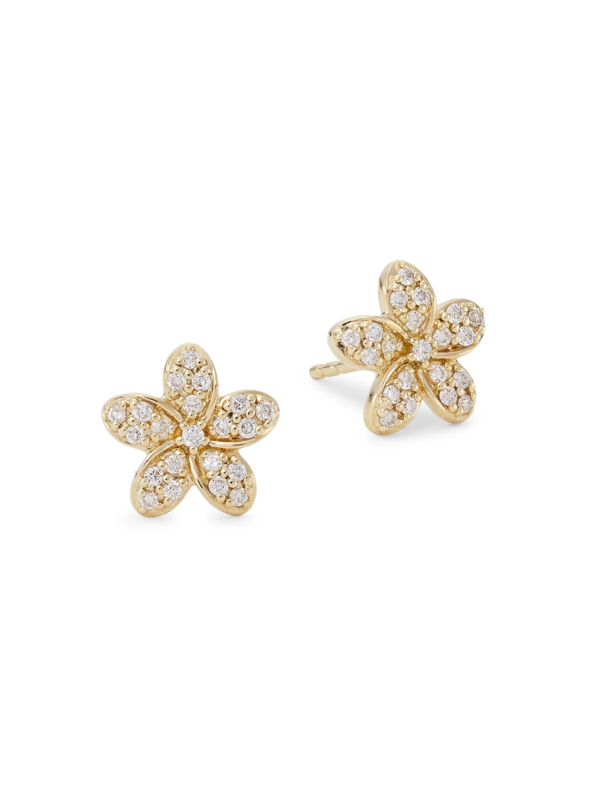 Women's 14K Yellow Gold & Diamond Plumeria Stud Earrings - 1