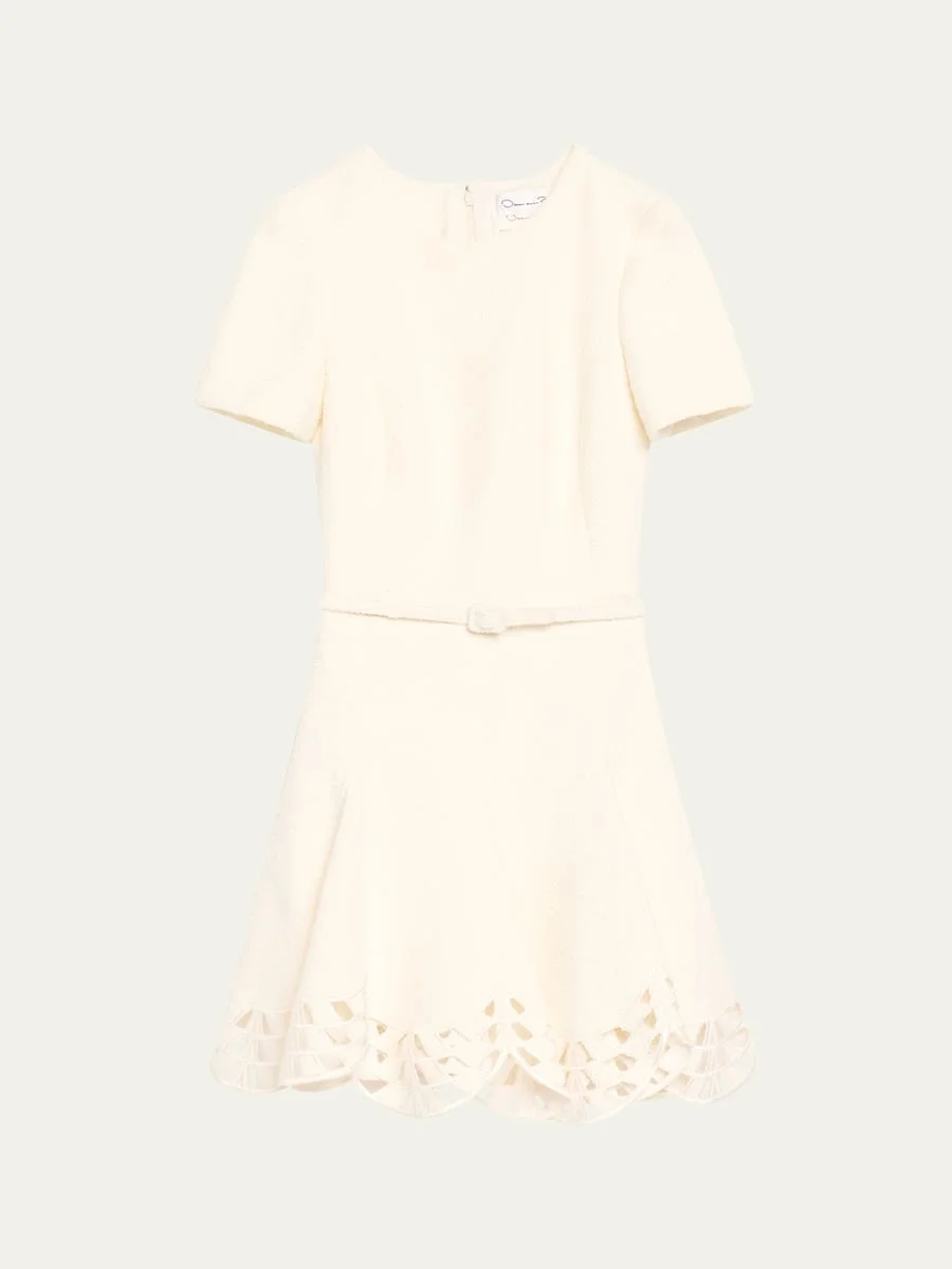Short-Sleeve Cutout-Hem Tweed Mini Dress With Belt - 1