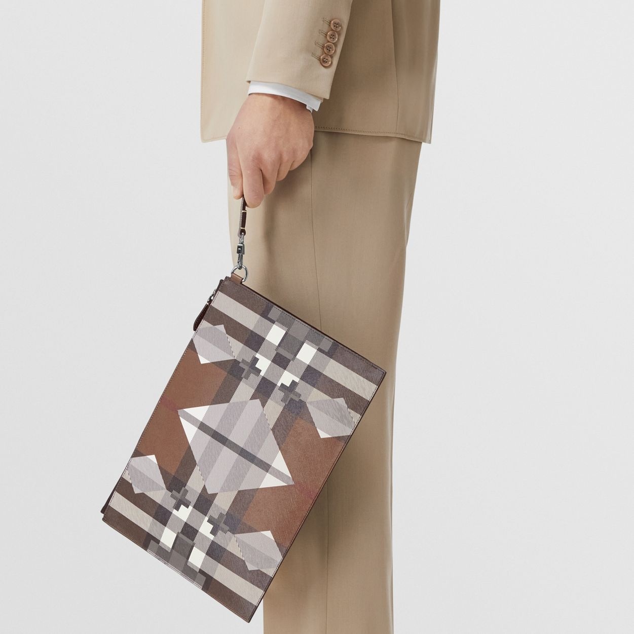 Large Geometric Check and Leather Zip Pouch - 8