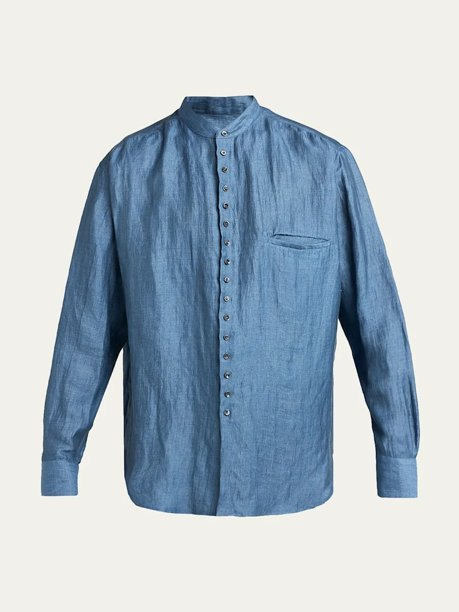 Men's Linen and Nylon Band Collar Button-Down Shirt - 1
