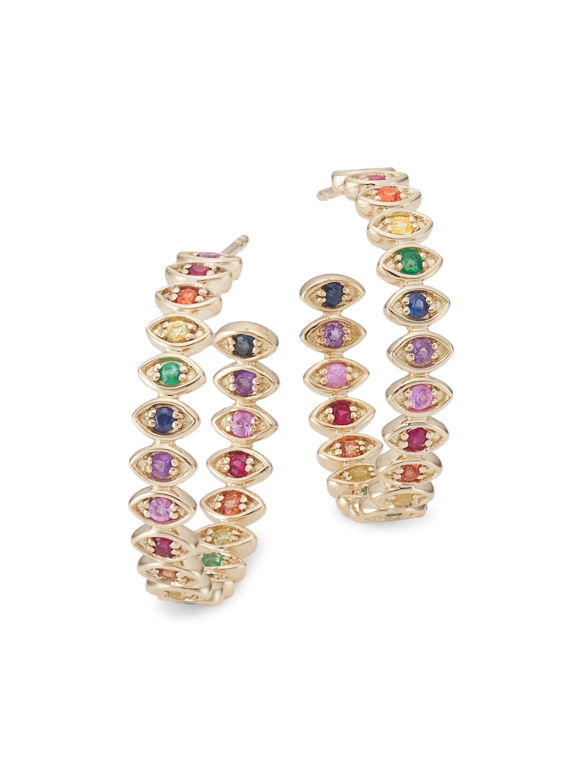 Women's 14K Yellow Gold & Rainbow Stone Medium Evil Eye Hoops - 1