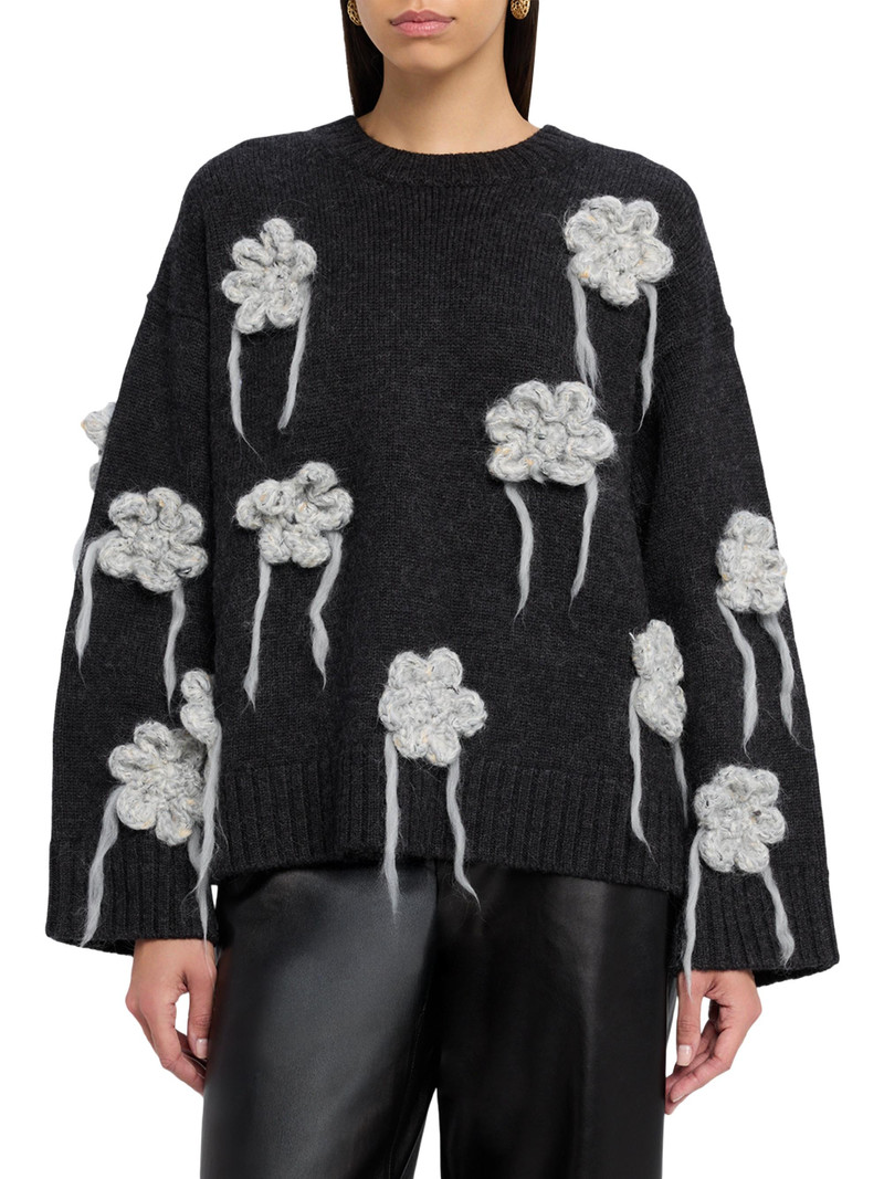 Women's Floral Crochet Crewneck Sweater - Black 3