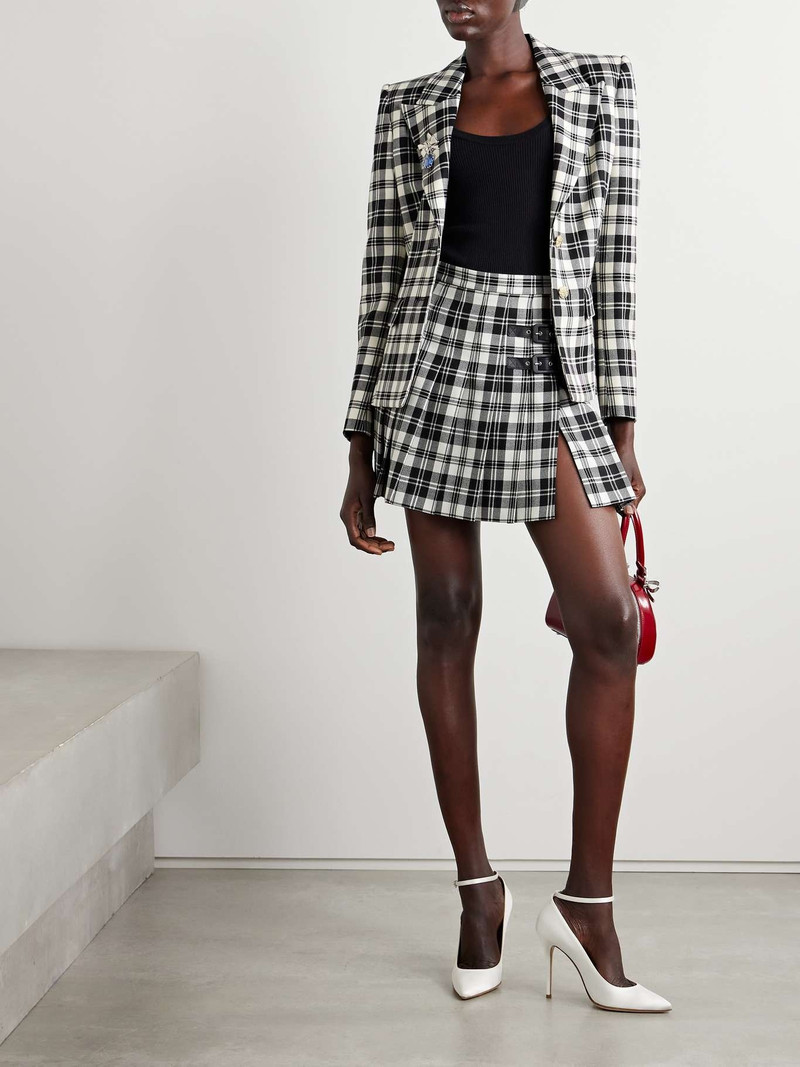 Alessandra Rich Leather-trimmed pleated checked wool mini skirt outlook