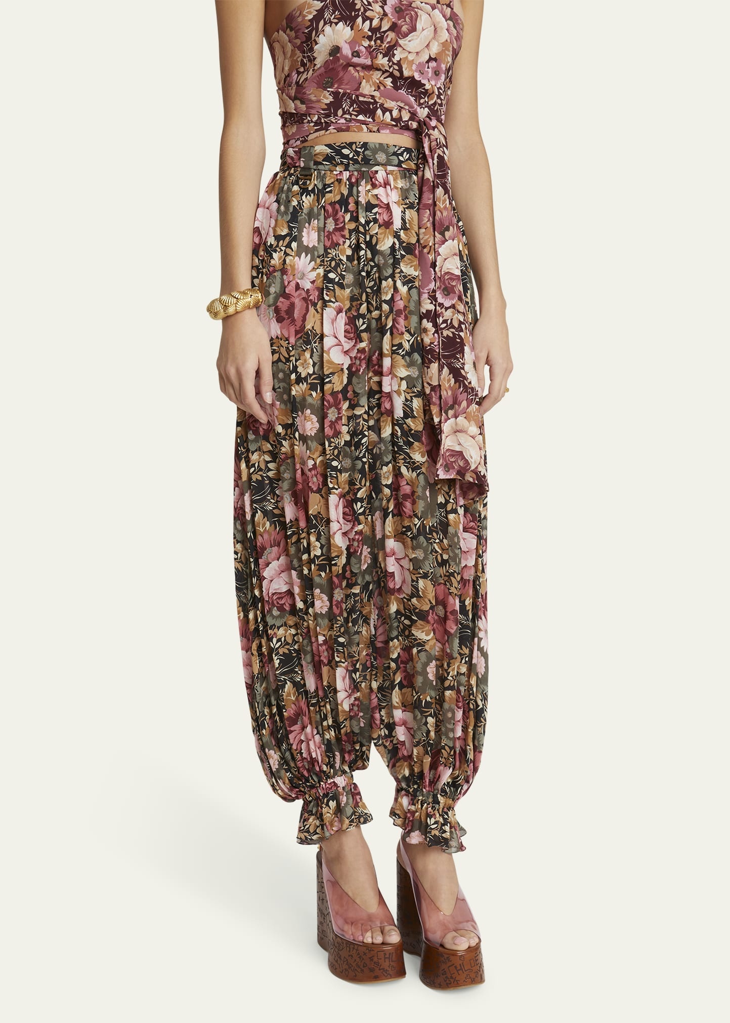 Floral Pleated Silk Pants - 4