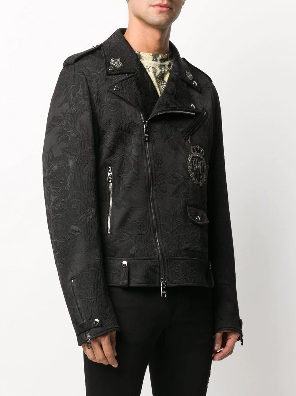 floral brocade patch biker jacket - 3