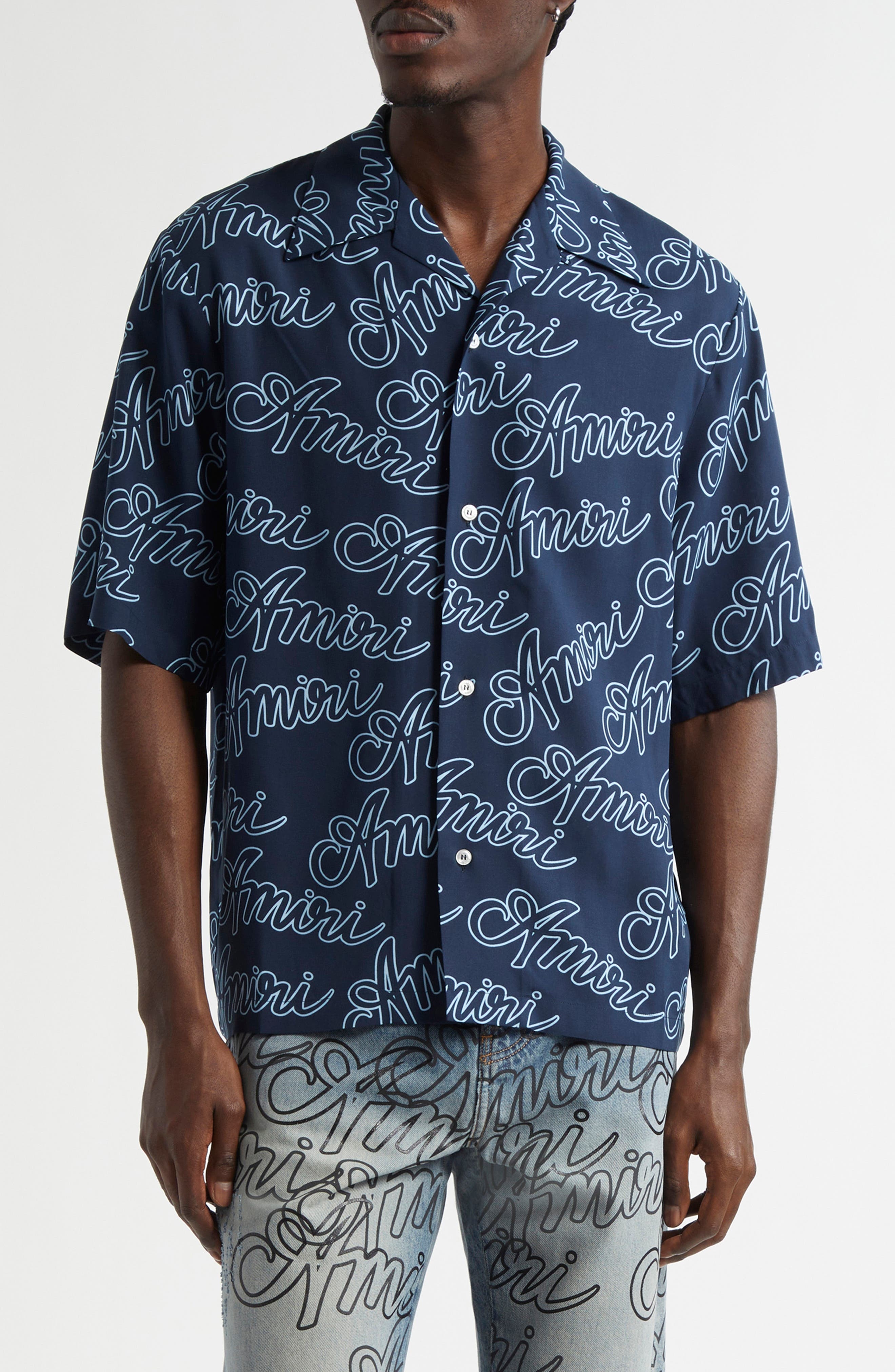AMIRI Script Bowling Shirt in Midnight Blue at Nordstrom - 1