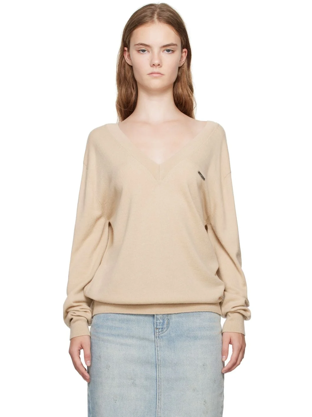 Beige Deep V-Neck Sweater - 1