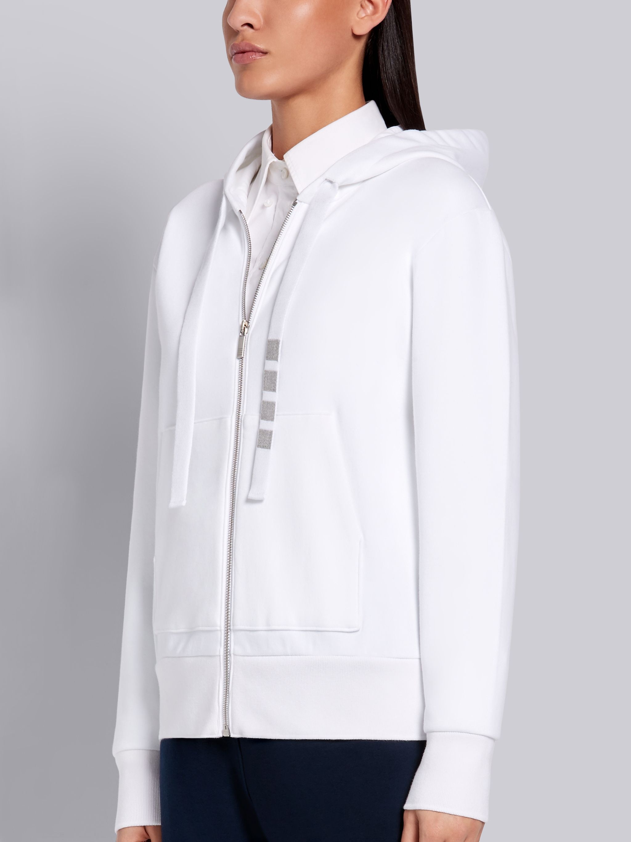 White Compact Double Knit Cotton Zip-up 4-Bar Hoodie - 2