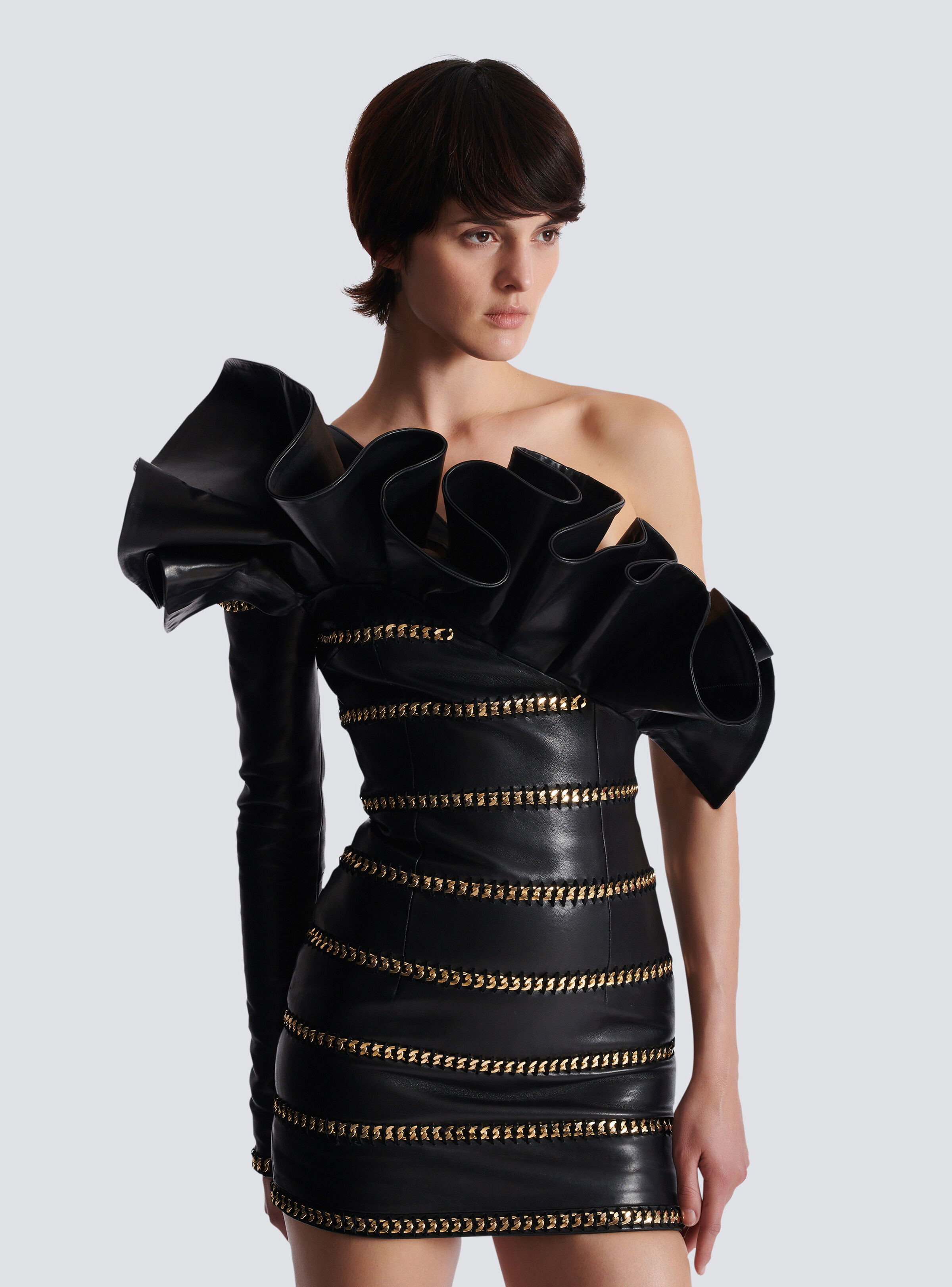 Asymmetric leather bodycon dress with chains - 6