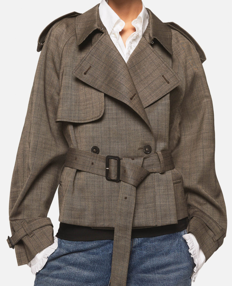 Cropped Checked Wool Trench Jacket 5