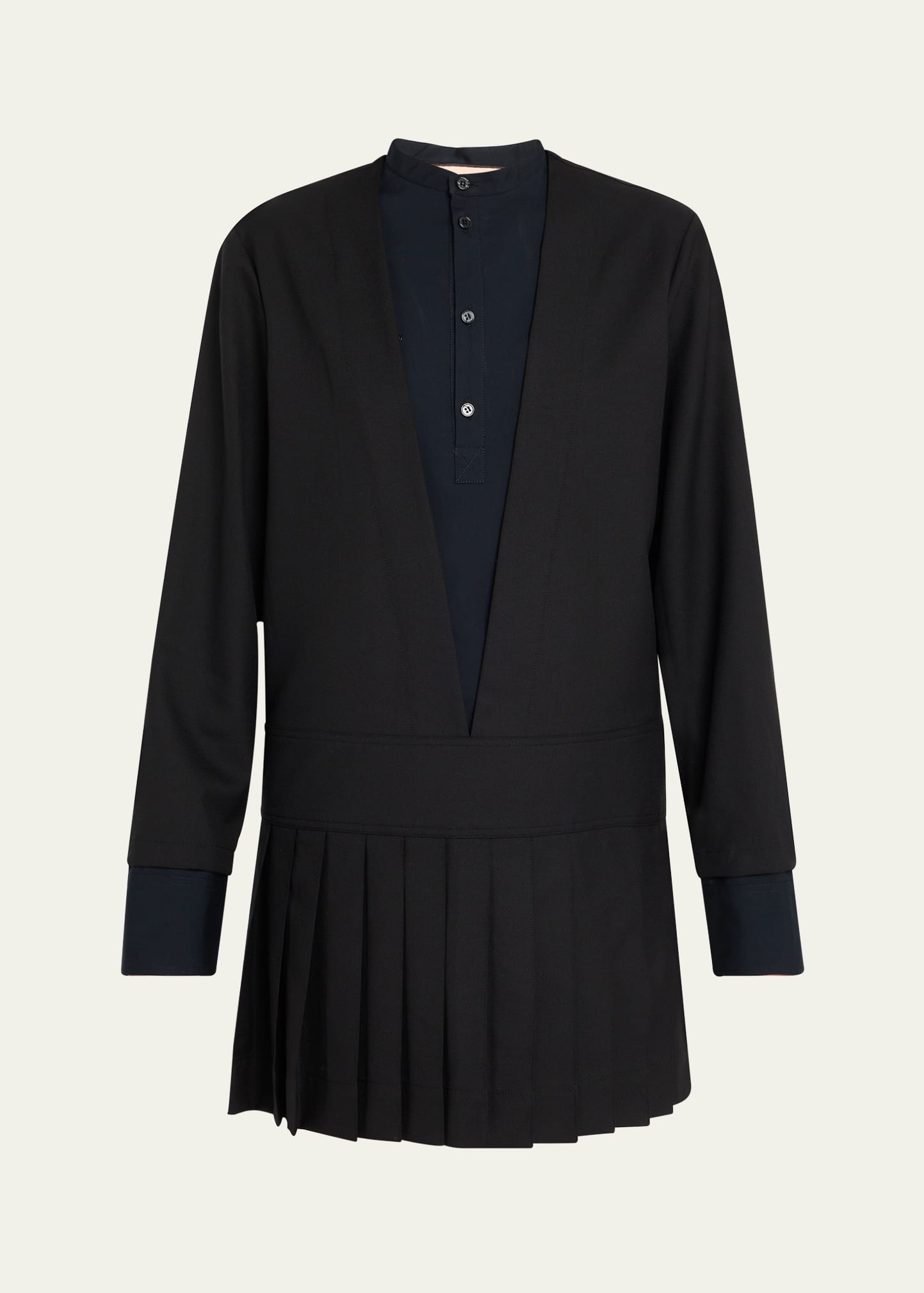 Layered Long-Sleeve Pleated Mini Shirtdress - 1