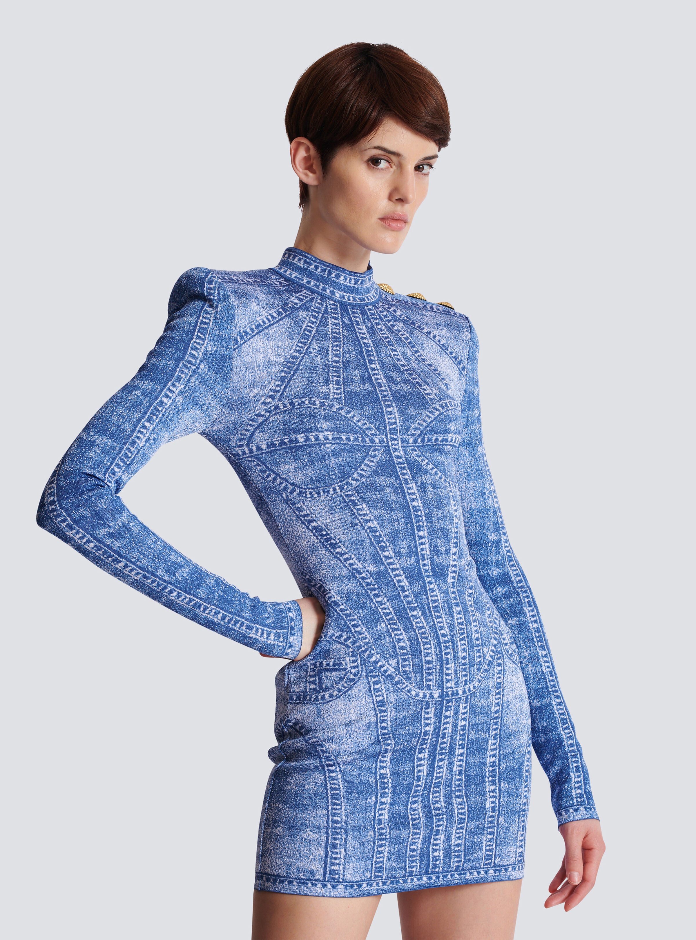 Short jacquard knit dress with denim effect - 6