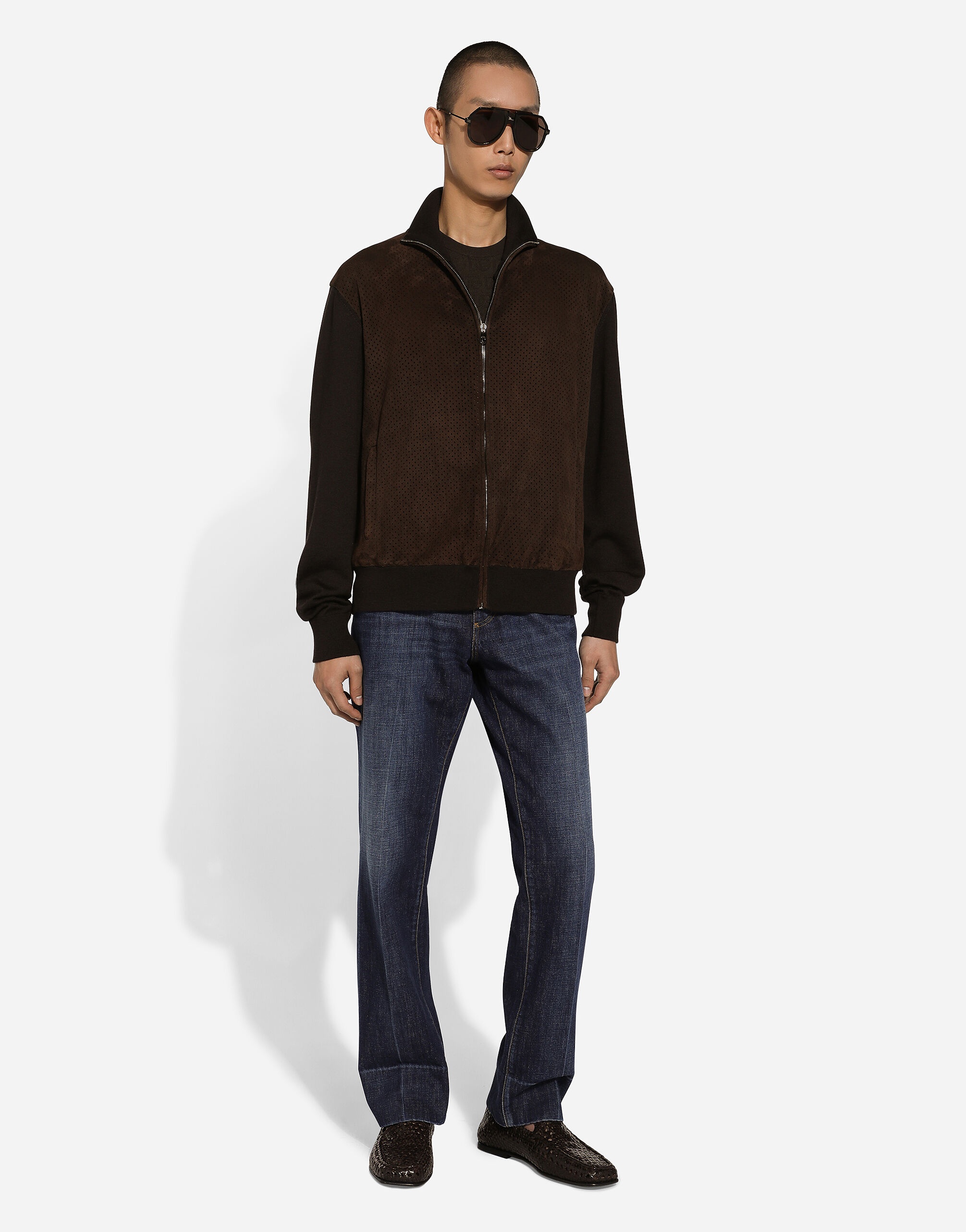 High-necked leather and wool jacket - 6