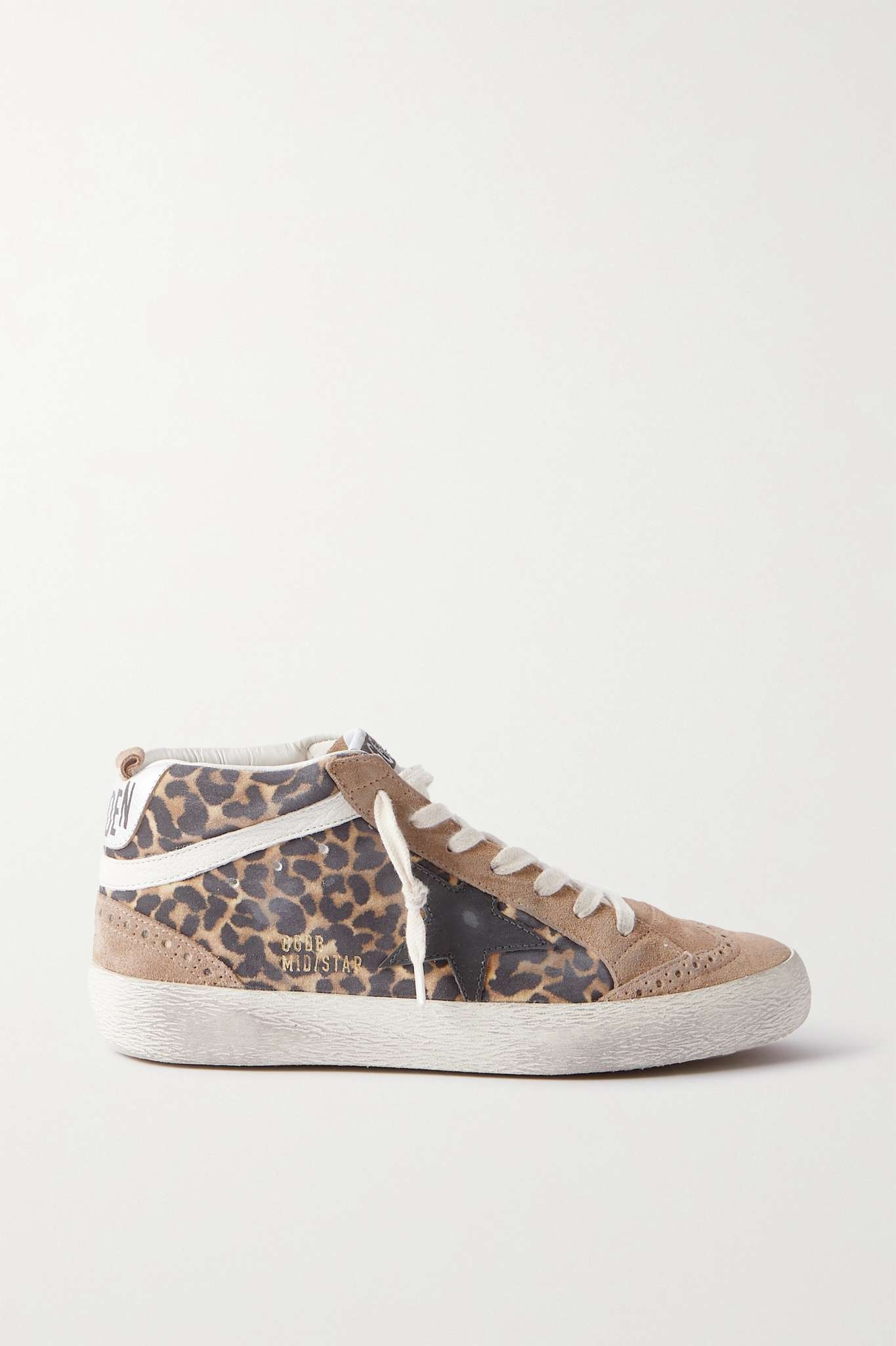 Mid Star embellished distressed leopard-print calf hair, leather and suede sneakers - 1