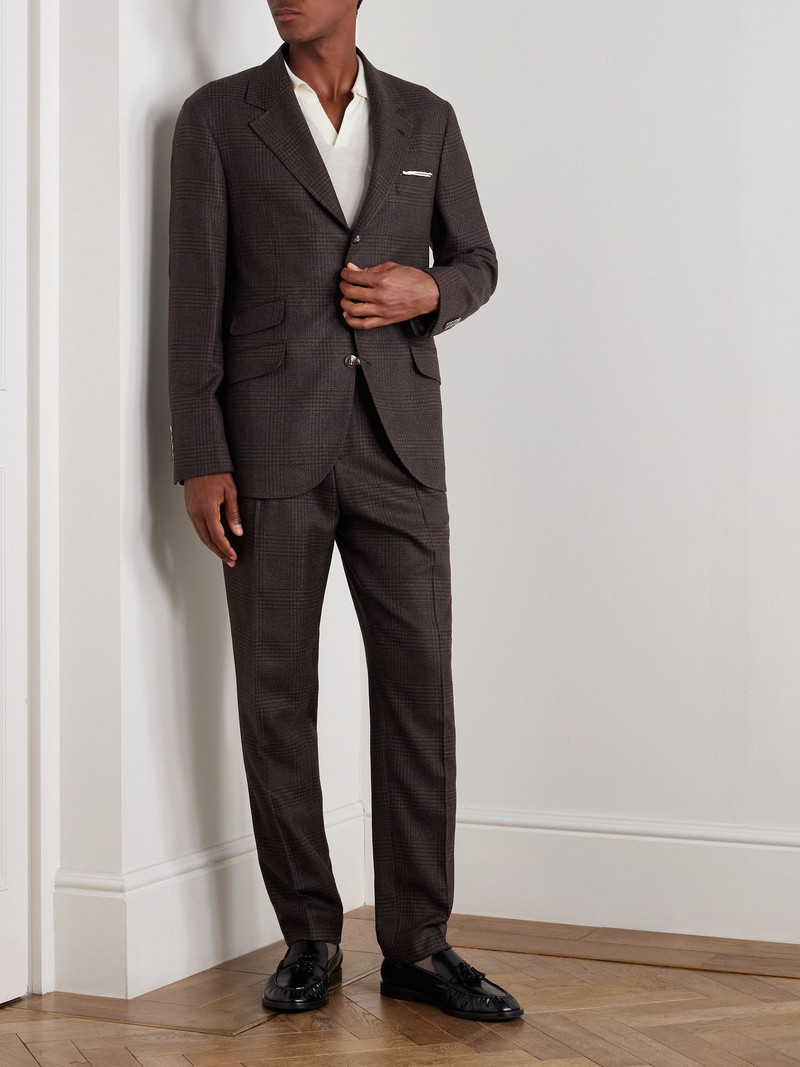 Brunello Cucinelli Prince of Wales Checked Cashmere, Wool and Silk-Blend Suit Jacket Brown outlook