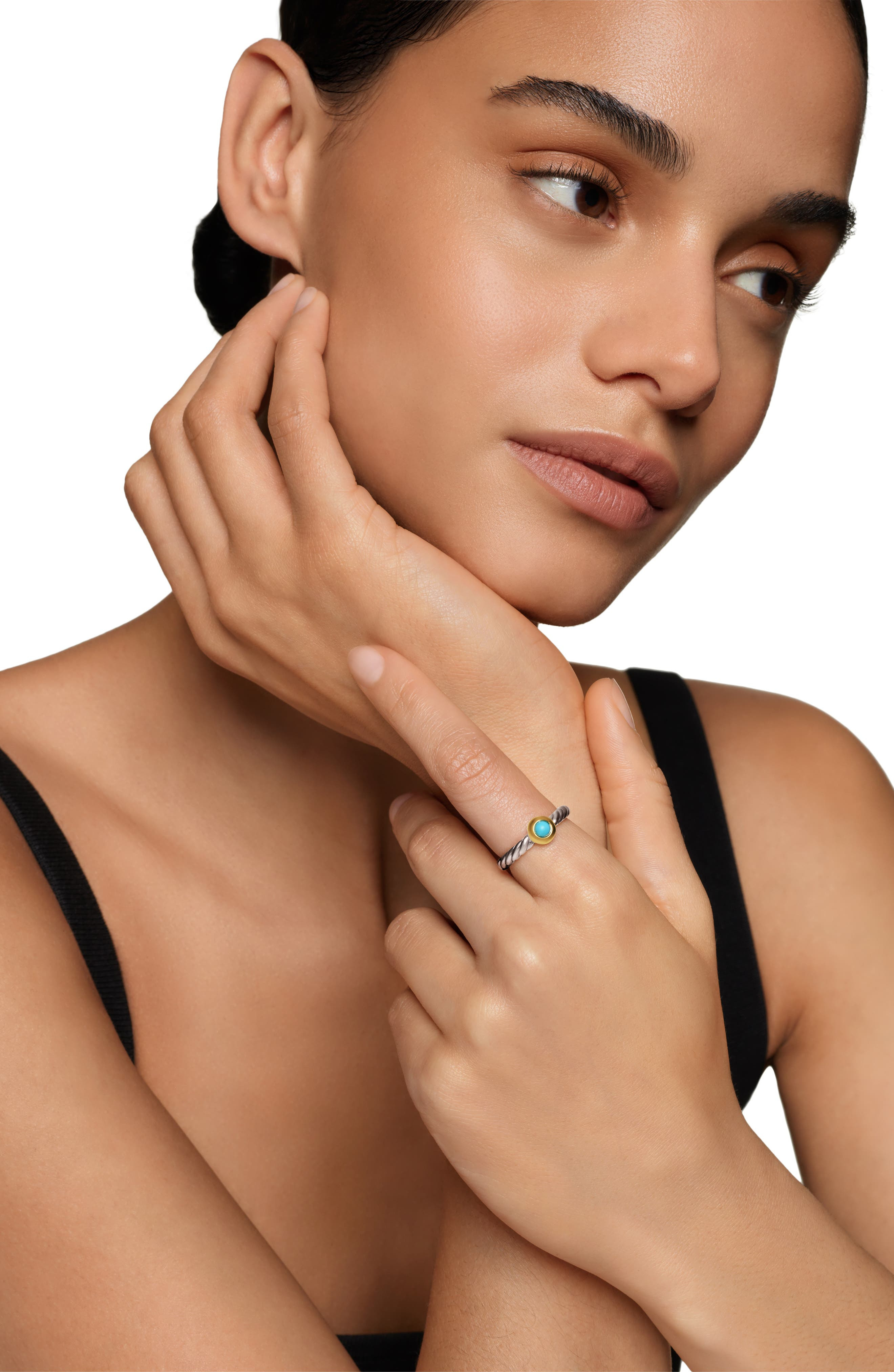 David Yurman Petite Cable Ring in Sterling Silver with 14K Yellow Gold in Silver/Gold/Turquoise at N - 2