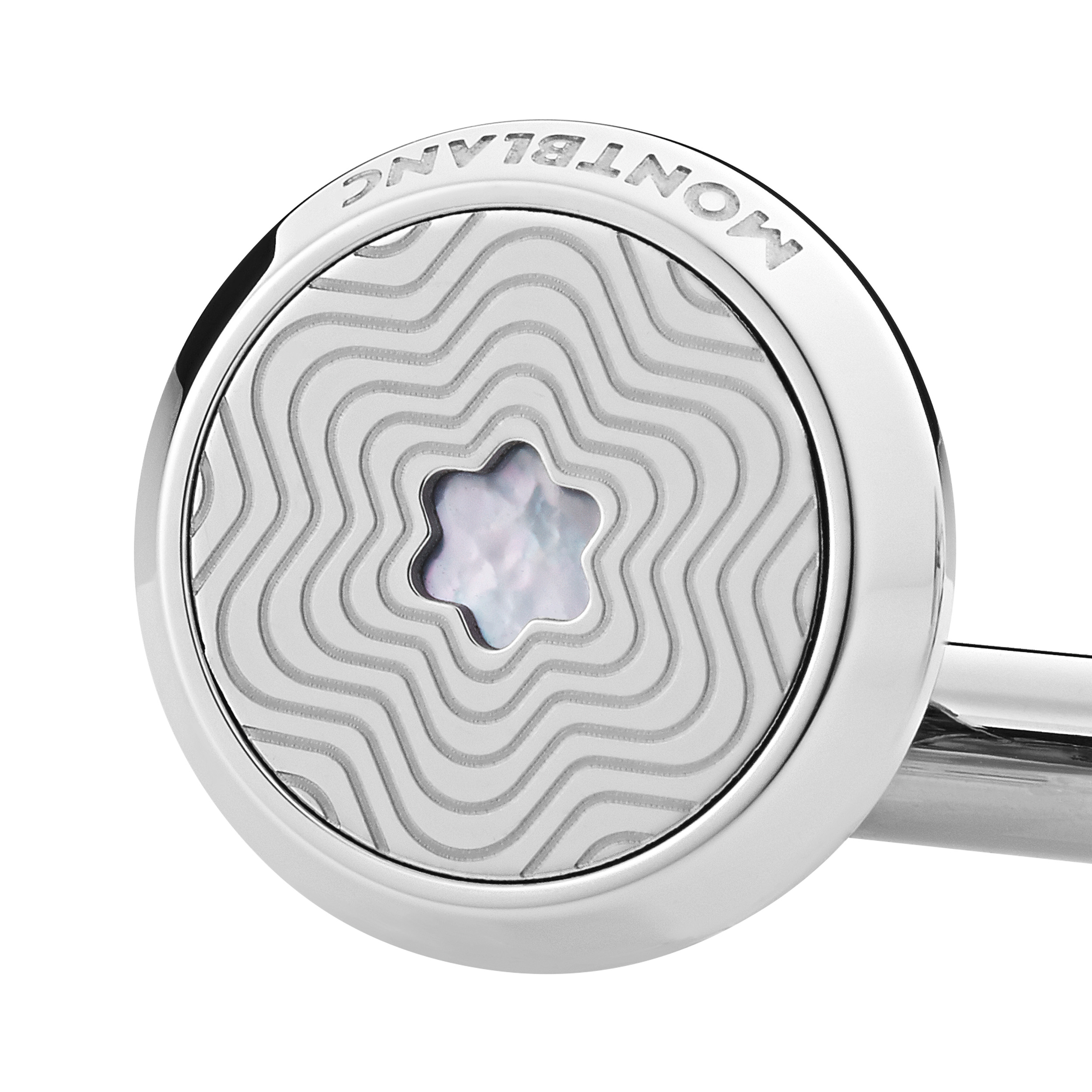 Cufflinks, round in stainless steel with exploding star pattern and mother-of-pearl snowcap emblem - 2