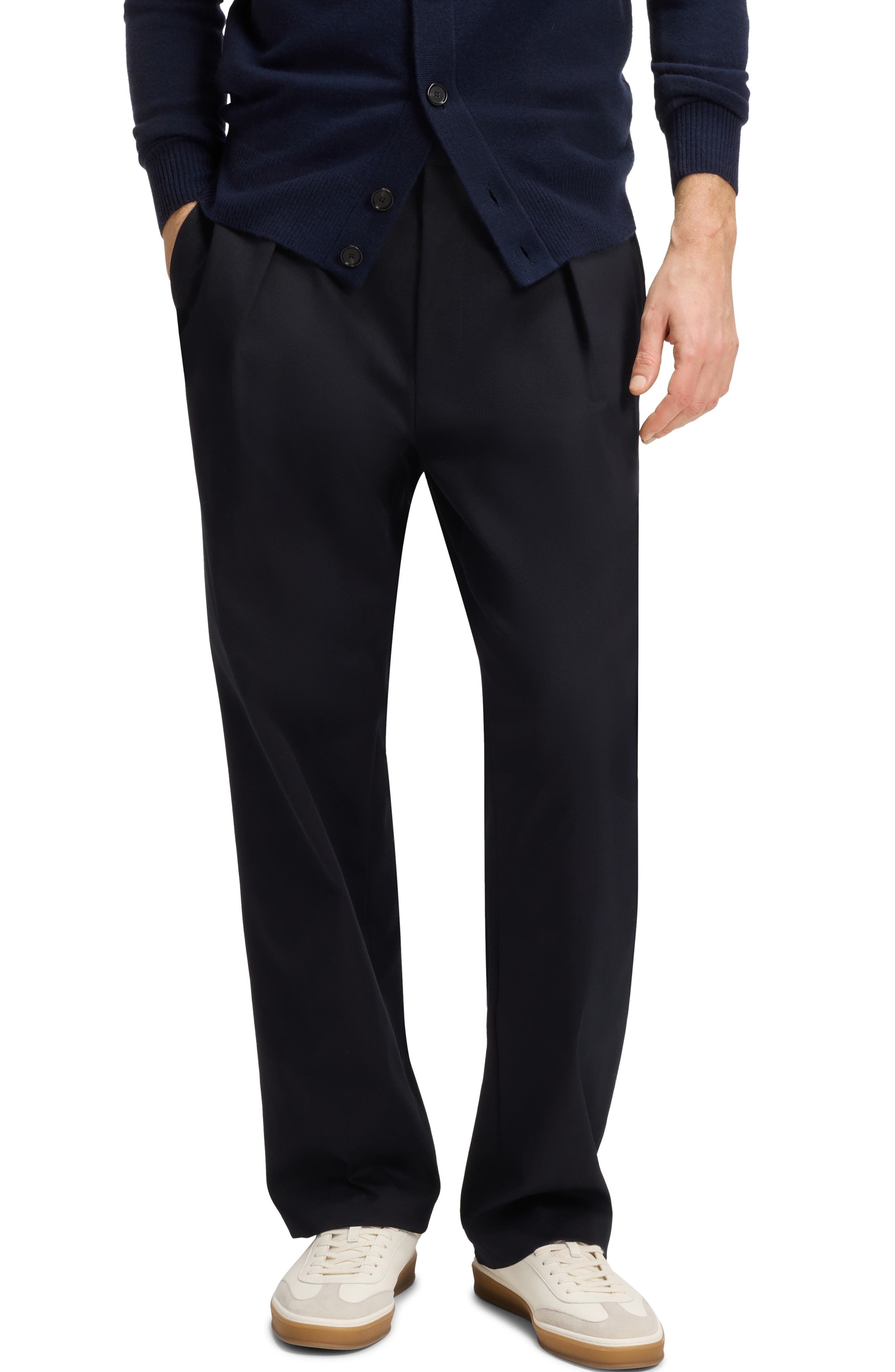 BOSS Pleated Cotton Stretch Twill Dress Pants in Dark Blue at Nordstrom - 1