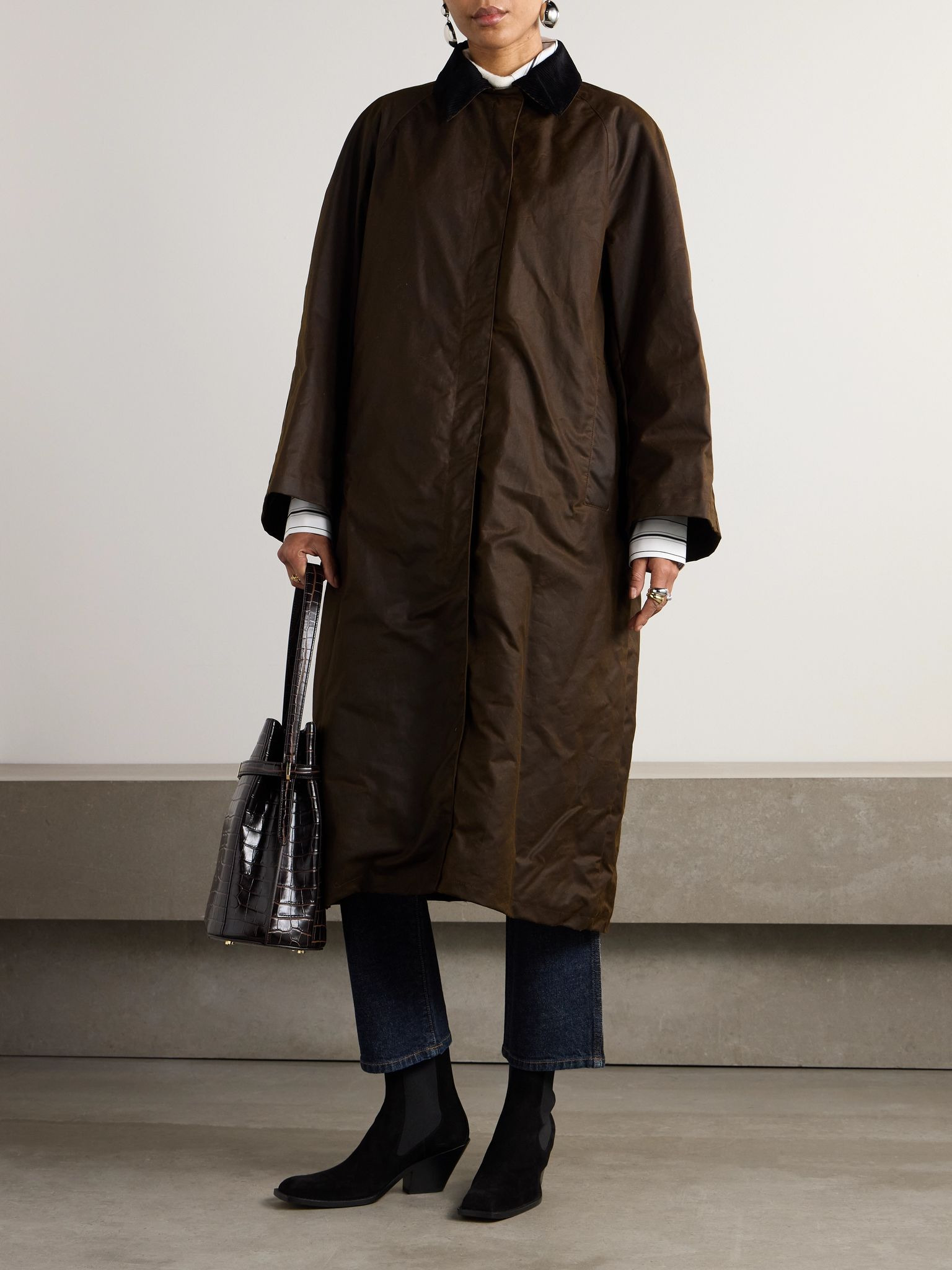 Corduroy-trimmed waxed organic cotton coat Brown - 3