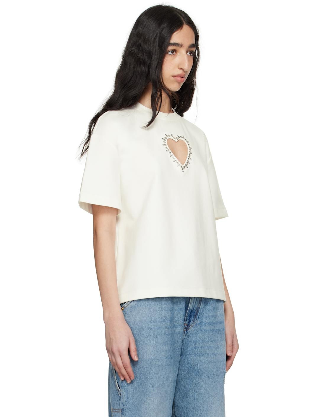 White Crystal Heart Cutout Relaxed T-shirt - 2