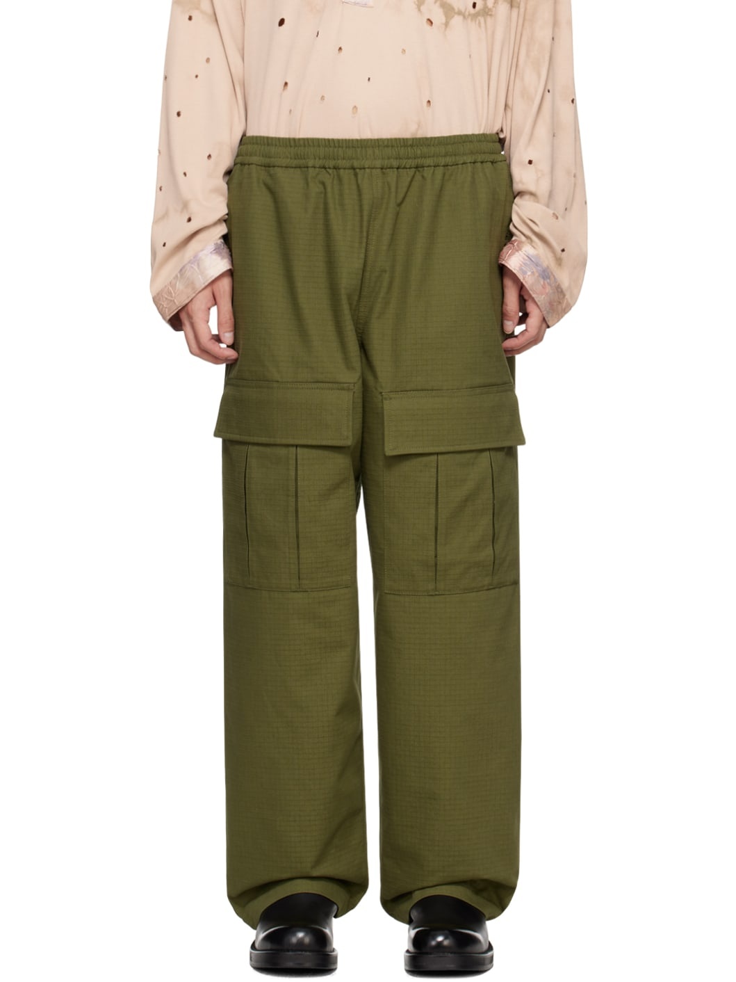 Khaki Embroidered Cargo Pants - 1
