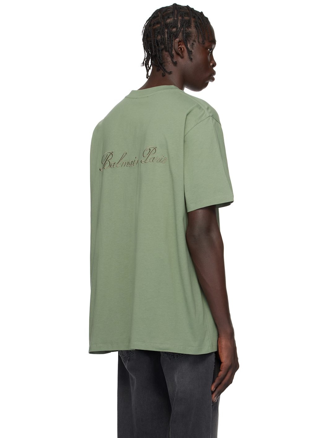 Green Loose 'Balmain' Signature Embroidery T-shirt - 3