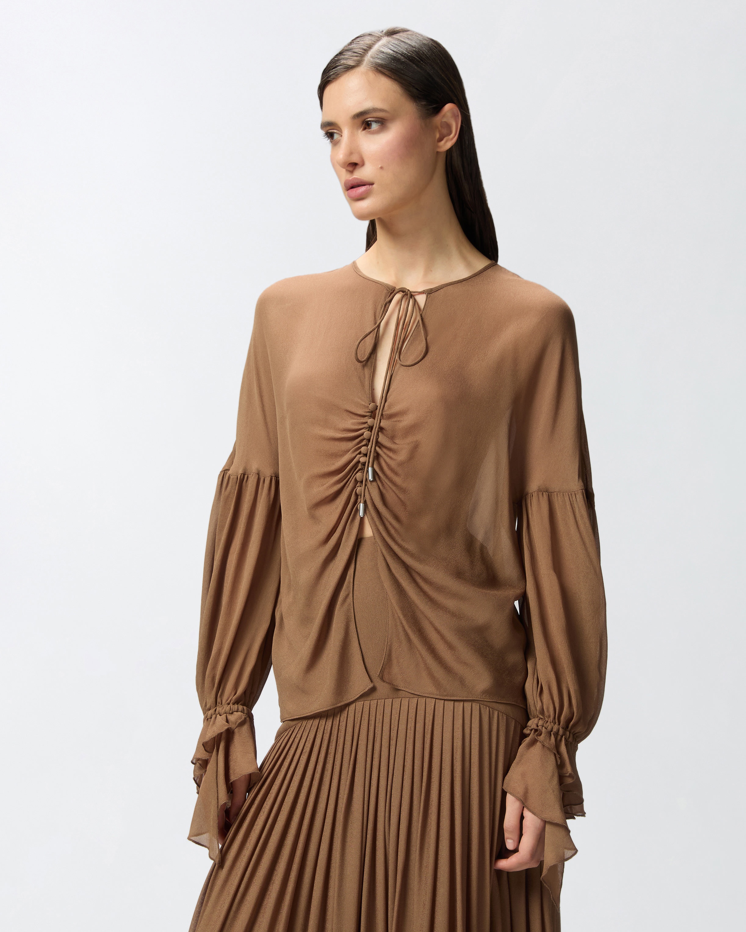 FLOWING BLOUSE WITH GATHERING AND CUFF RUFFLES - 2
