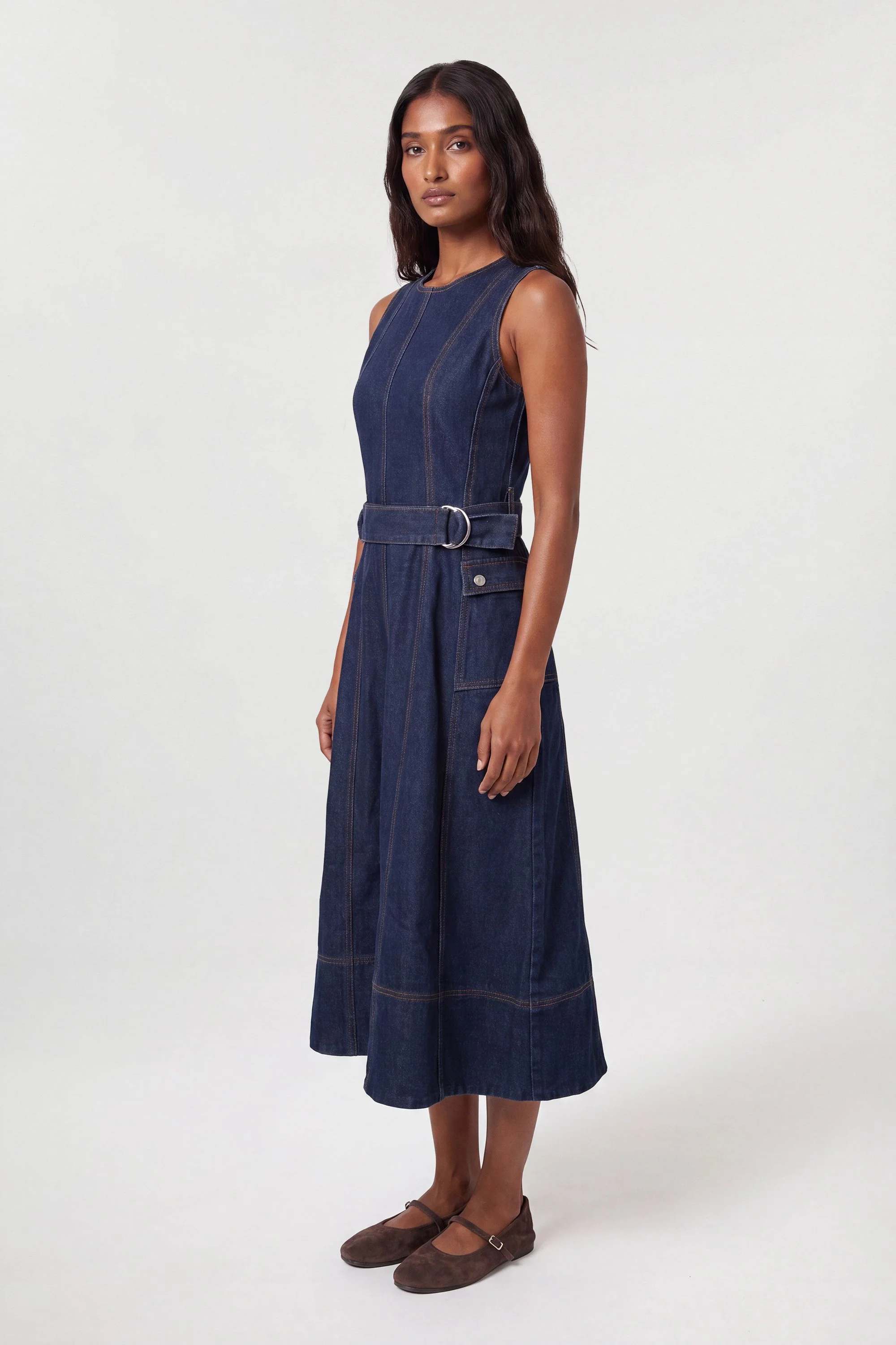 Denim Dropped Waist Full Skirted Midi Dress - 1