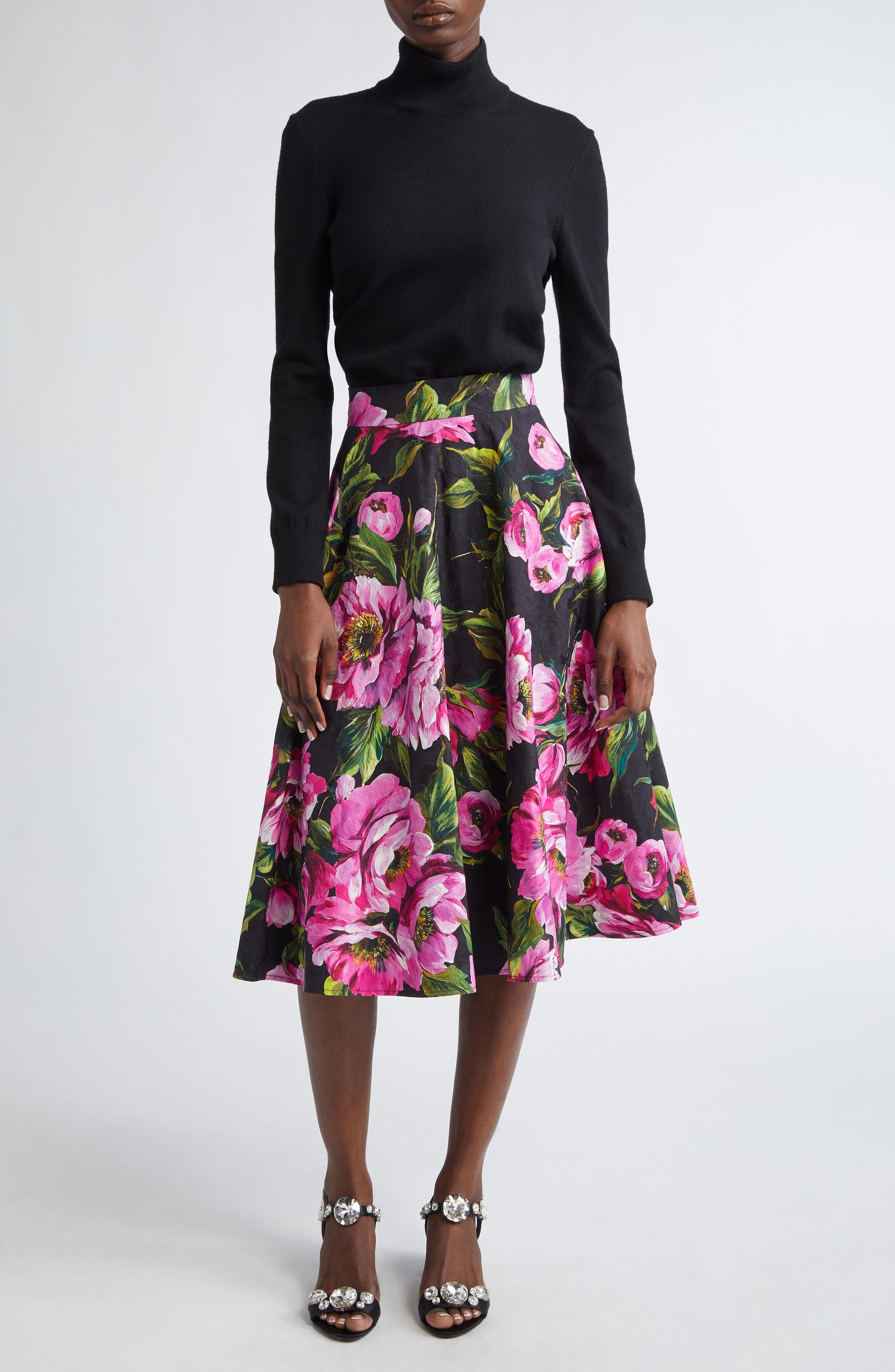 Dolce&Gabbana Peony Print Pleated Stretch Jacquard Skirt in Peonie Fuxia F.nero at Nordstrom - 2