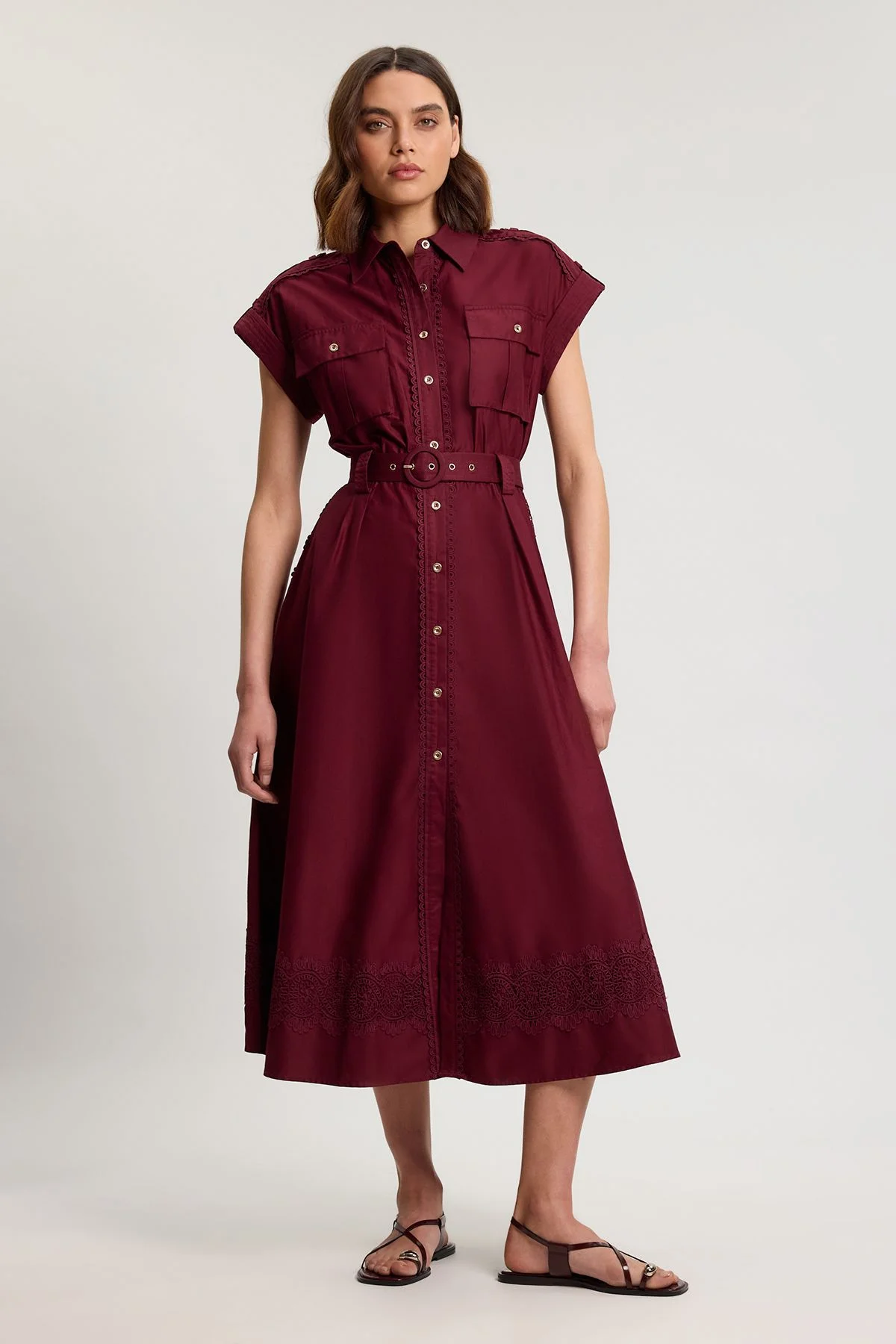 Cotton Sateen With Lace Trim Pocket Detail Shirt Dress - 1