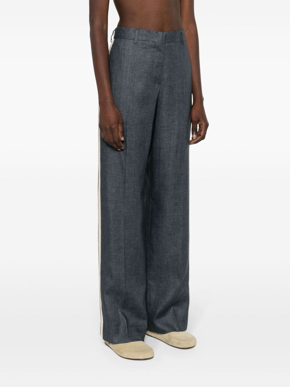 linen side-stripe straight-leg trousers - 3