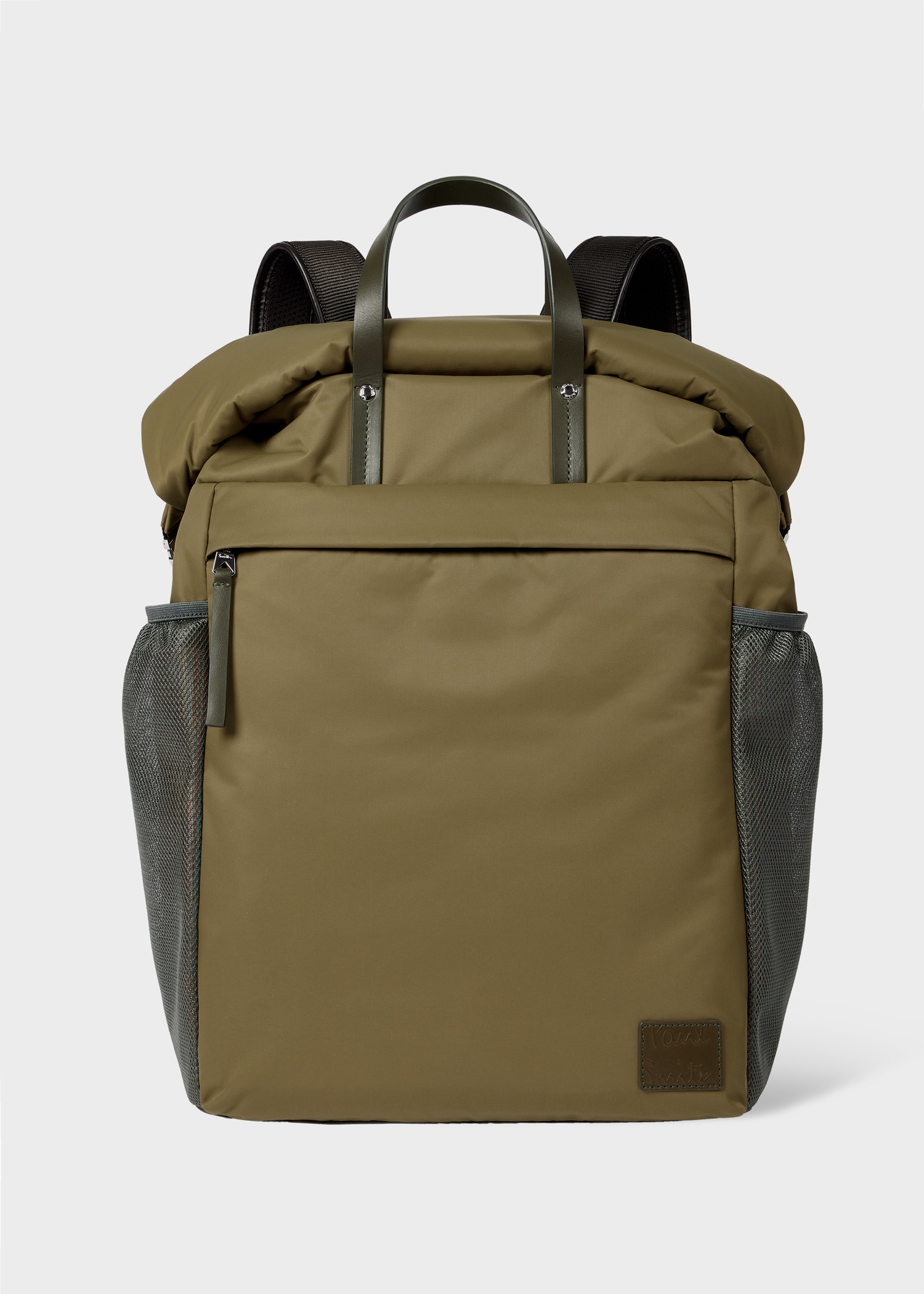 Khaki Utilitarian Roll-Top Nylon Backpack - 1