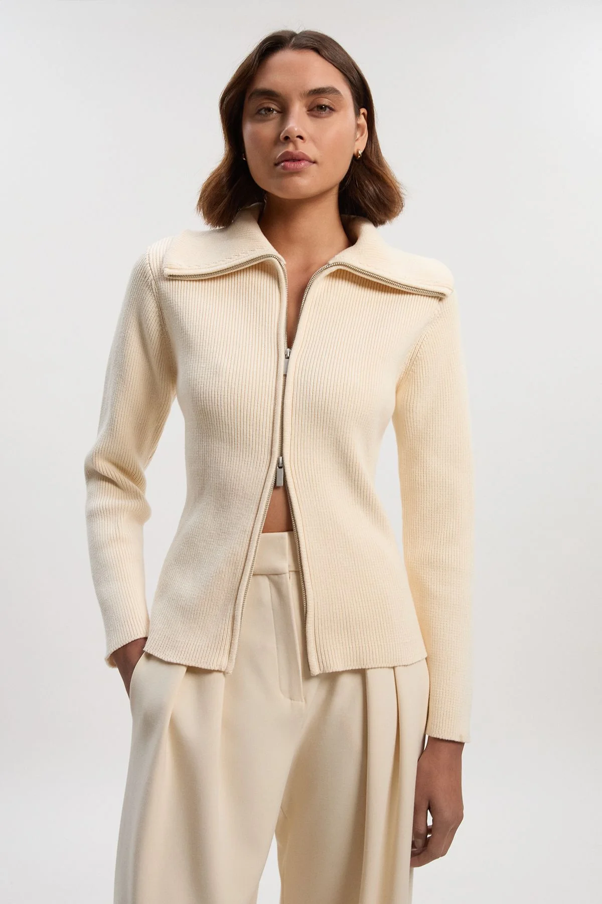 Cotton Zip Through Collar Knit Cardigan - 1