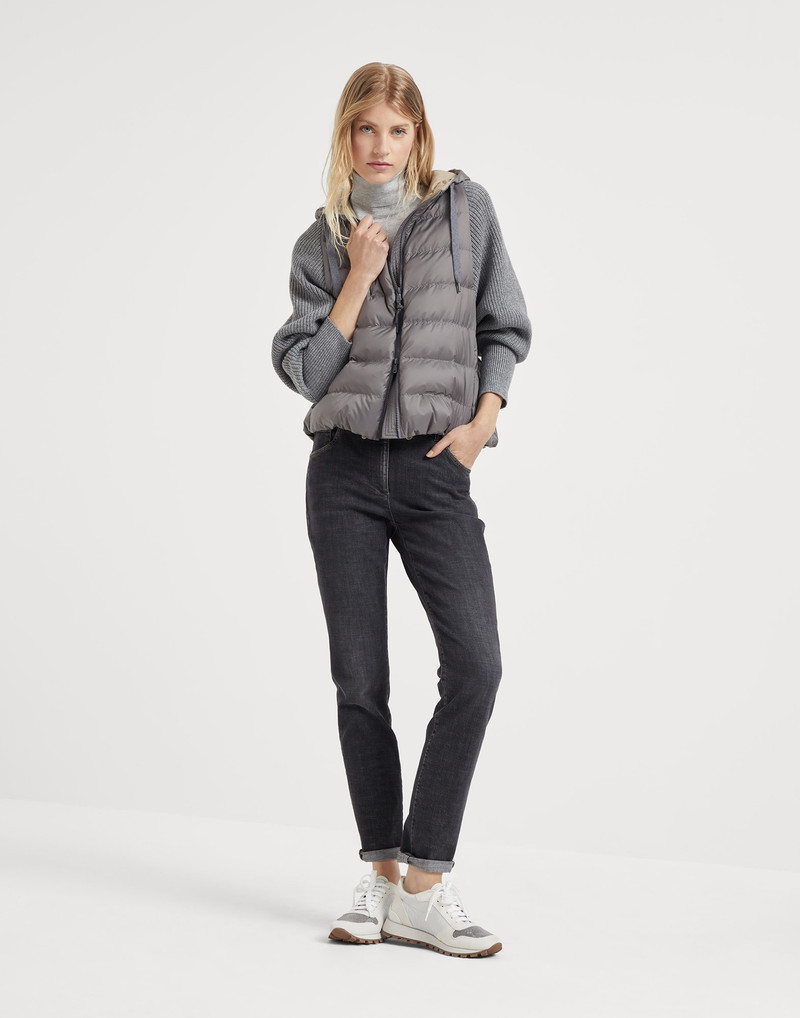 Water-resistant matte nylon hooded down jacket with monili and sleeves in virgin wool, cashmere and 5