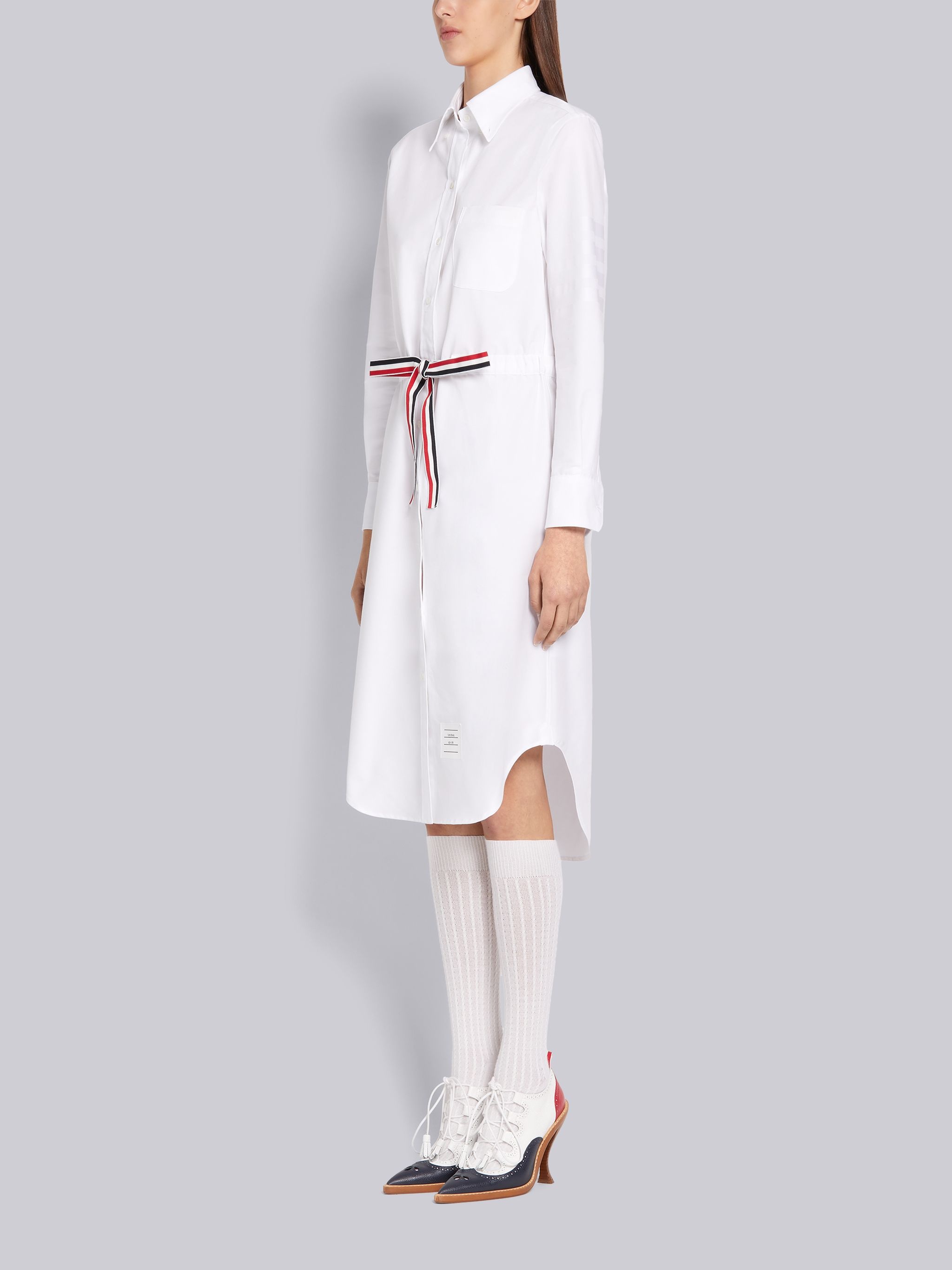 White Cotton Oxford Grosgrain Belt Long Sleeve Below the Knee Tonal 4-Bar Shirtdress - 2